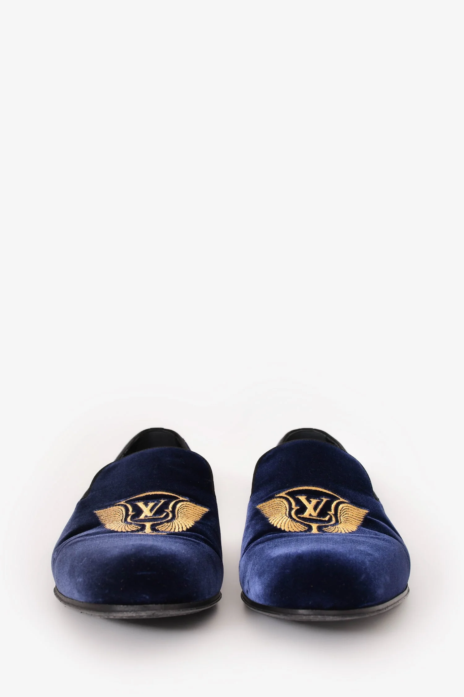 Louis Vuitton Navy Velvet Gold Embroidered Logo Loafers Size 10 Mens - Image 3