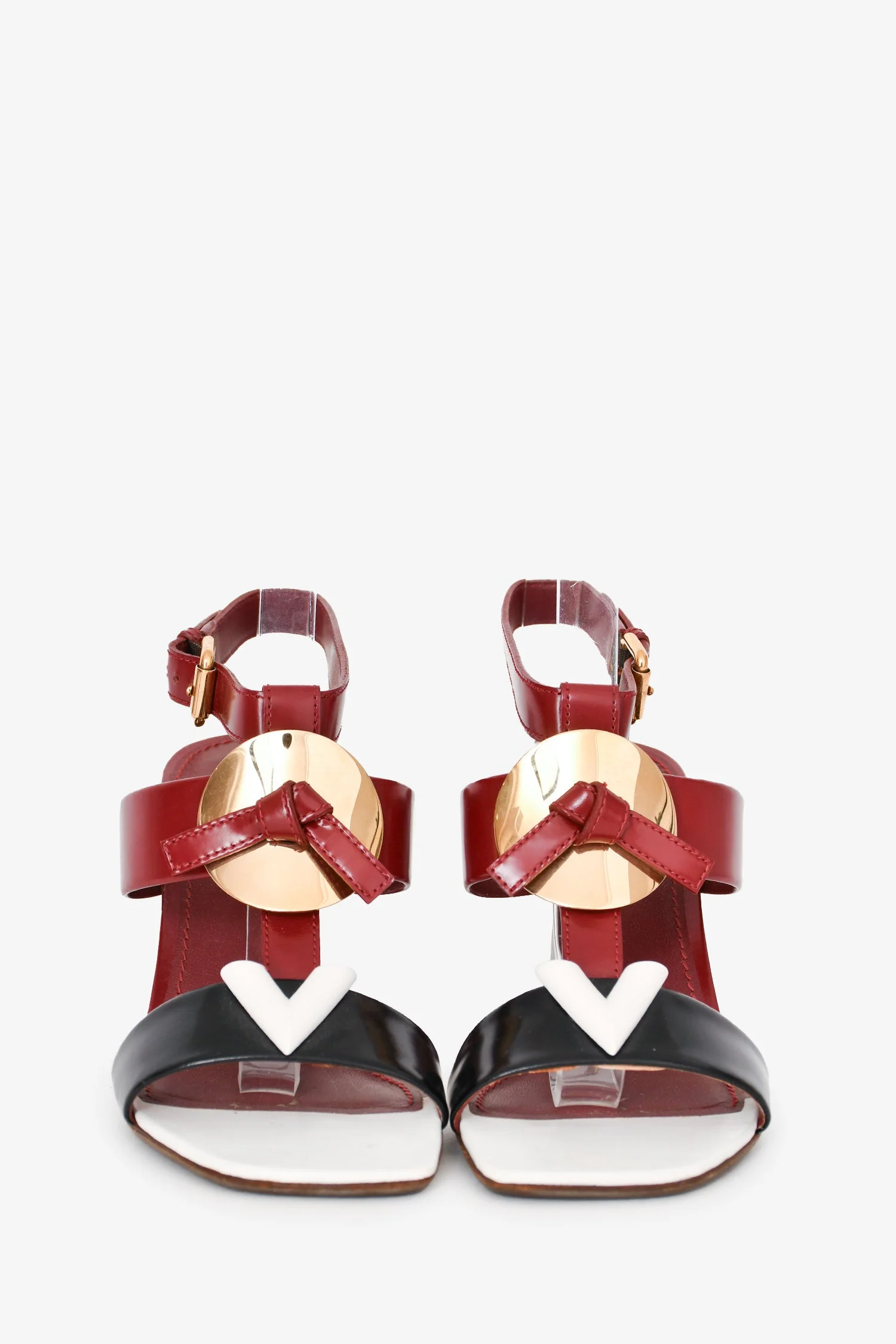 Louis Vuitton Red/Black Tricolour Leather 'V' Heeled Sandals Size 35.5 - Image 3