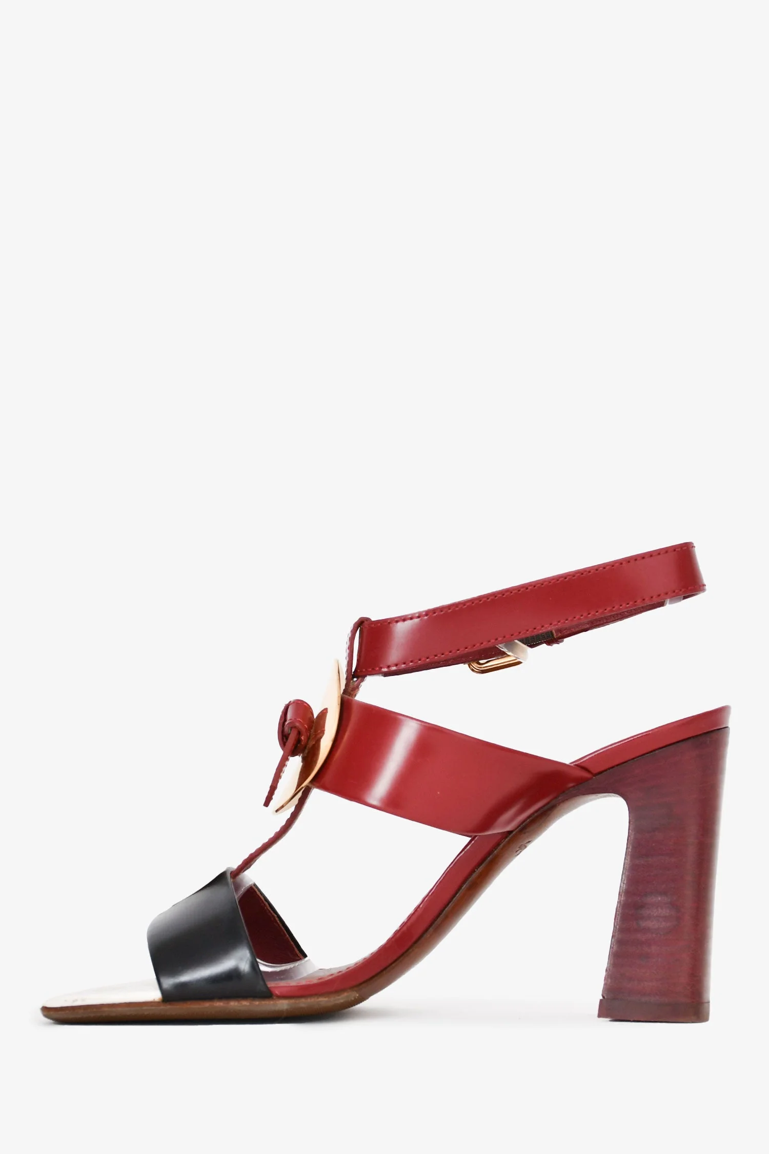 Louis Vuitton Red/Black Tricolour Leather 'V' Heeled Sandals Size 35.5 - Image 4