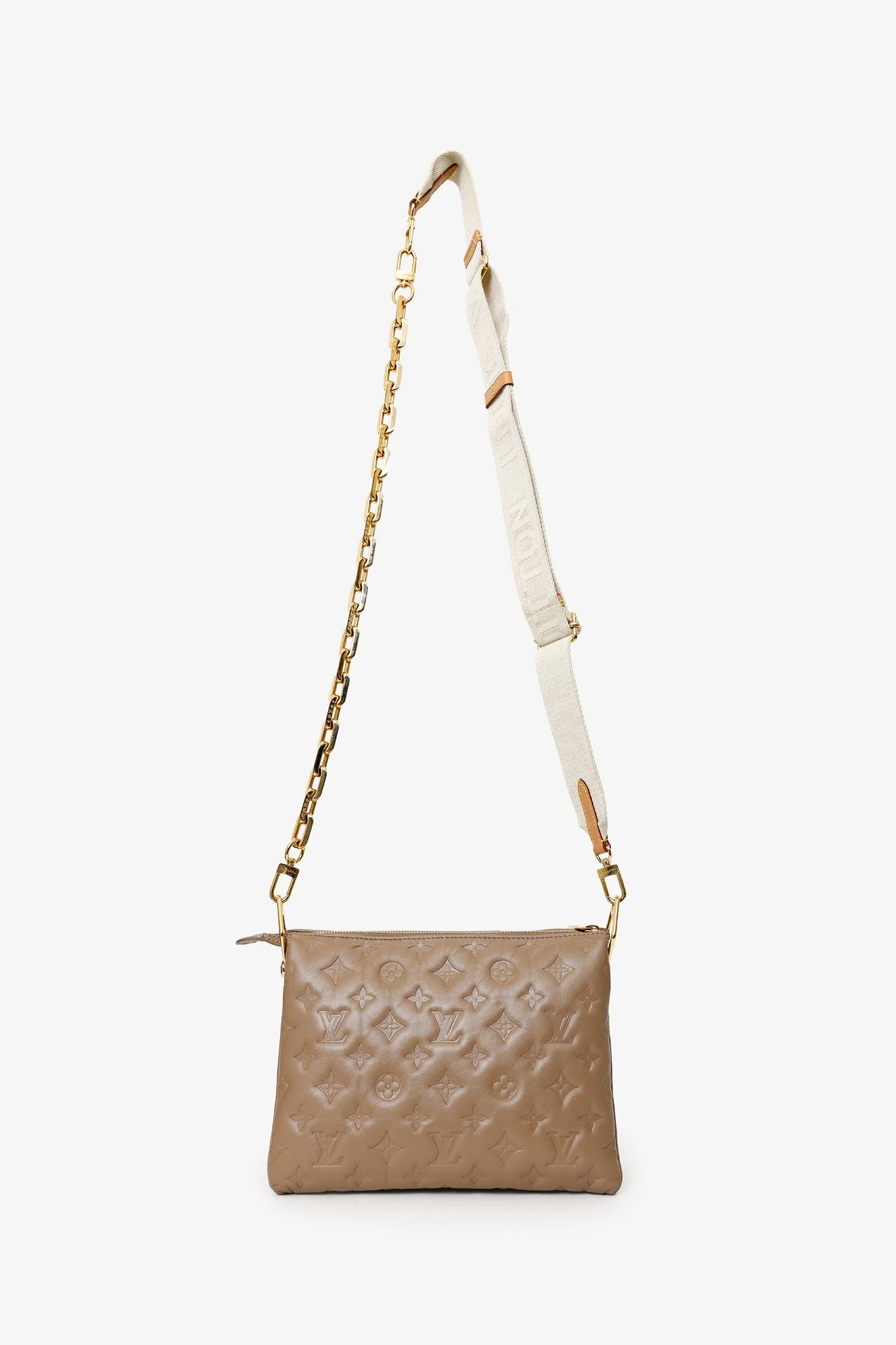 Louis Vuitton Taupe Handbag With Canvas Strap And Gold Chain - Image 6