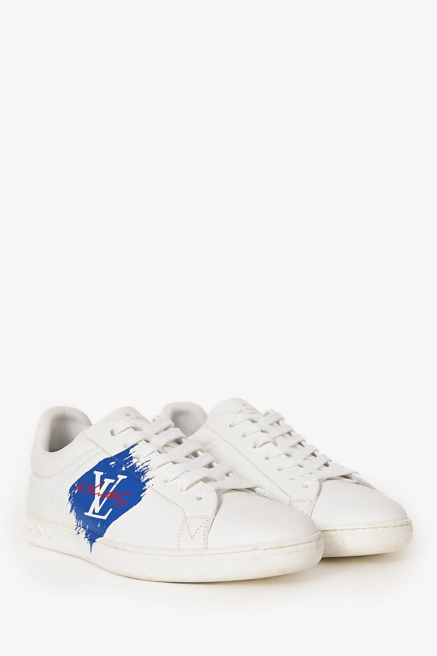 Louis Vuitton White/Blue Leather Logo Low Top Sneakers Size 5 - Image 2