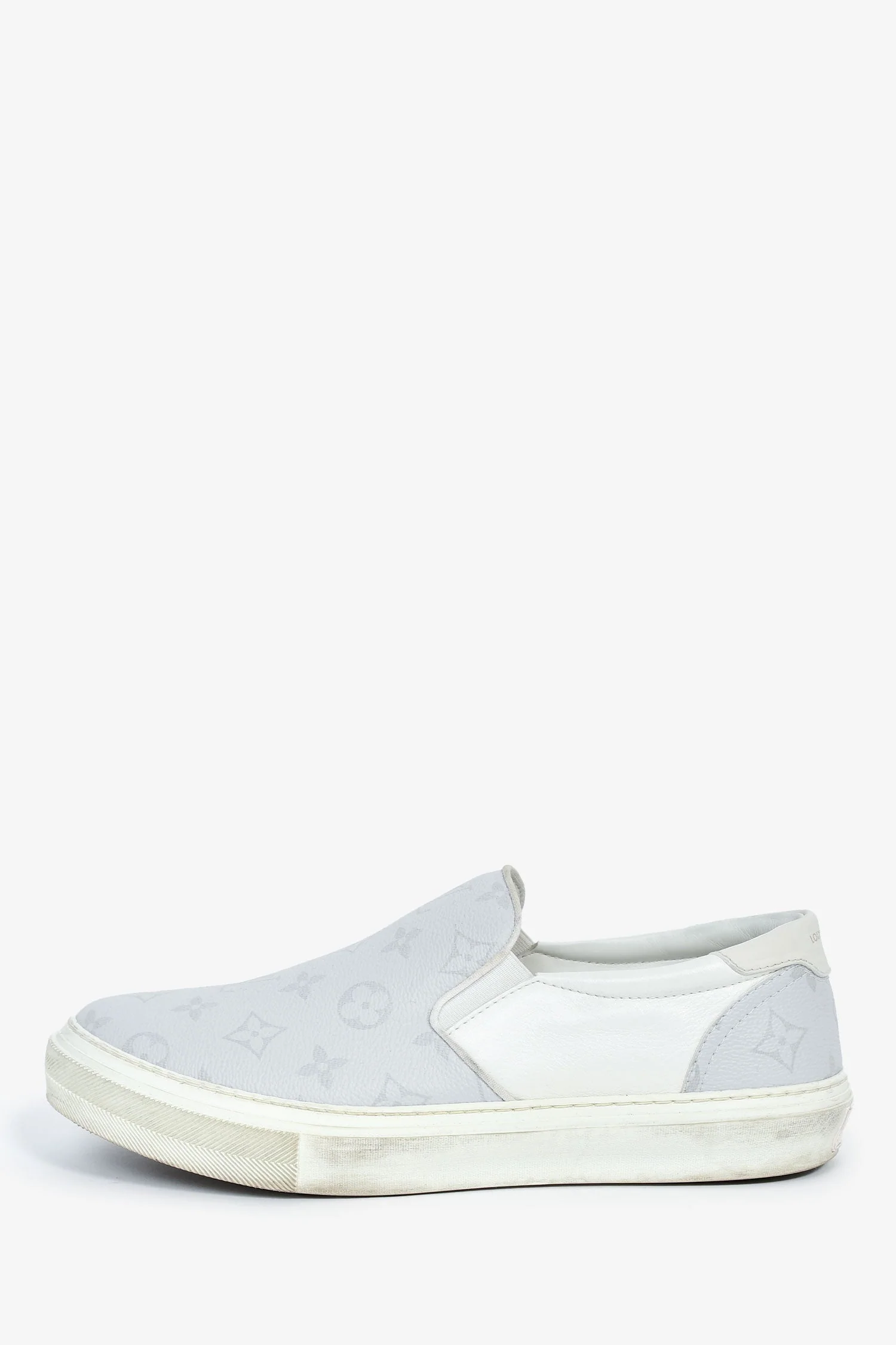 Louis Vuitton White/Grey Monogram Leather Slip-On Sneakers Size 8.5 Mens - Image 5