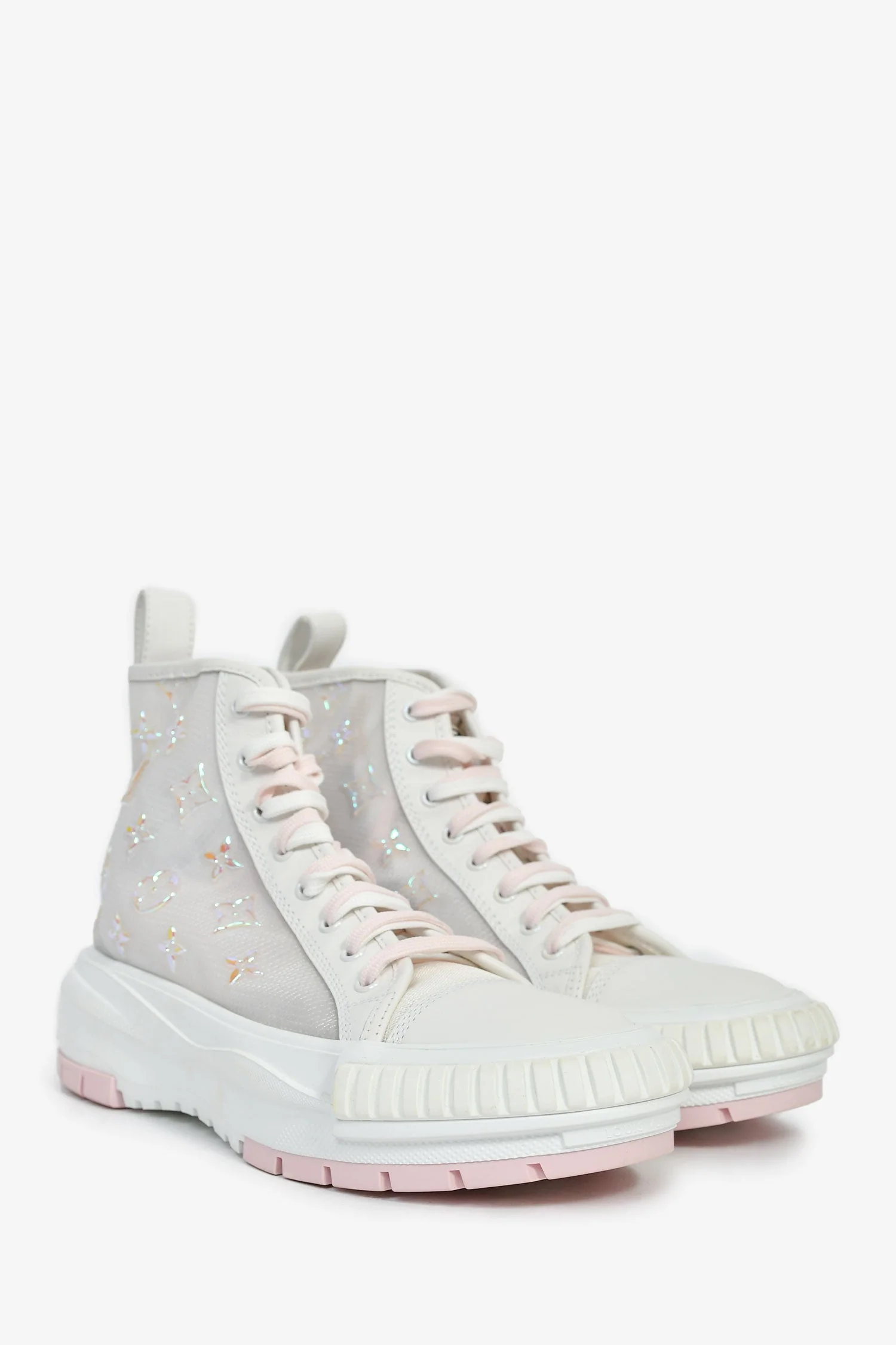 Louis Vuitton White Iridescent/Pink Monogram High Top Sneakers Size 40 - Image 2