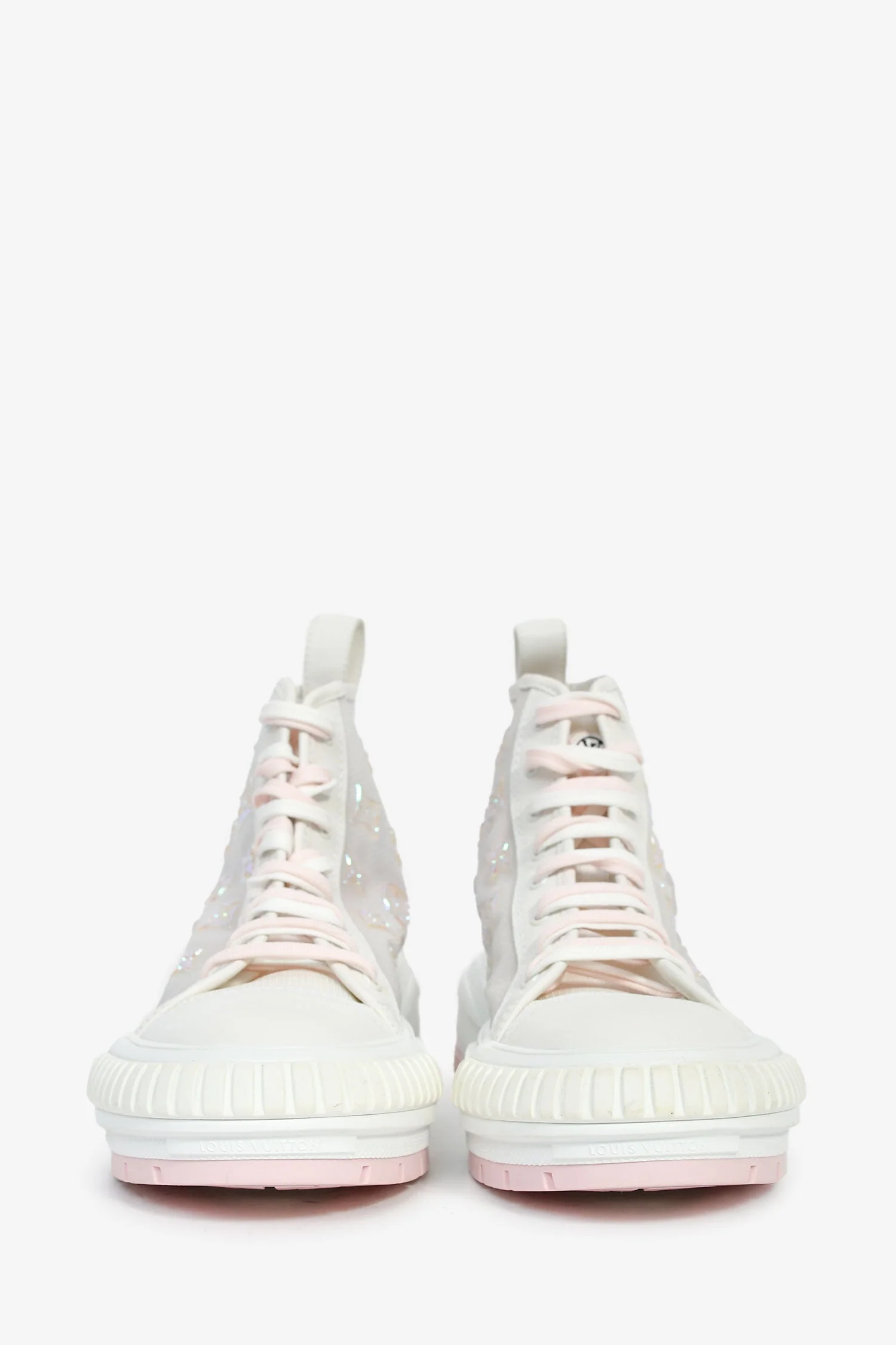 Louis Vuitton White Iridescent/Pink Monogram High Top Sneakers Size 40 - Image 3