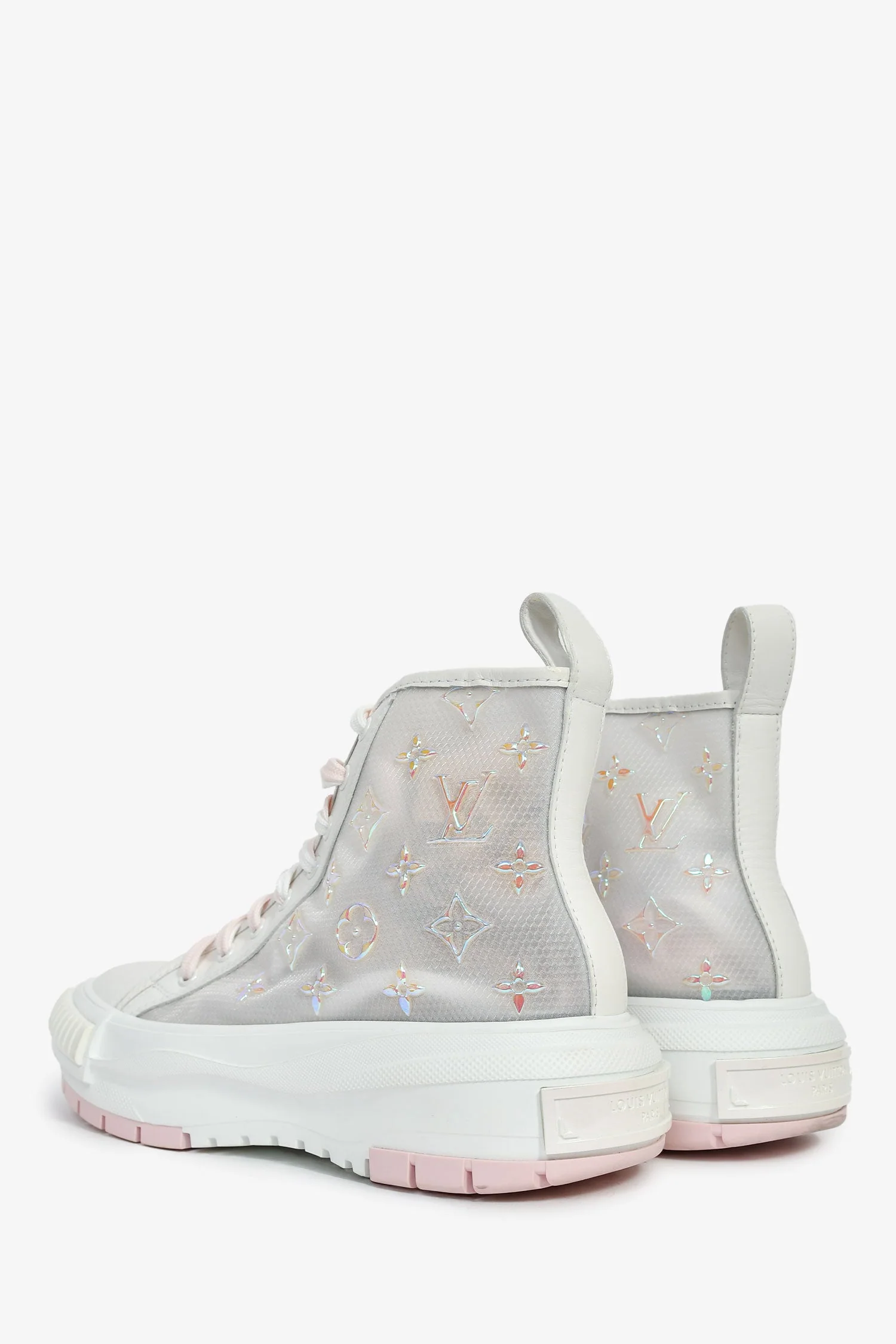Louis Vuitton White Iridescent/Pink Monogram High Top Sneakers Size 40 - Image 4