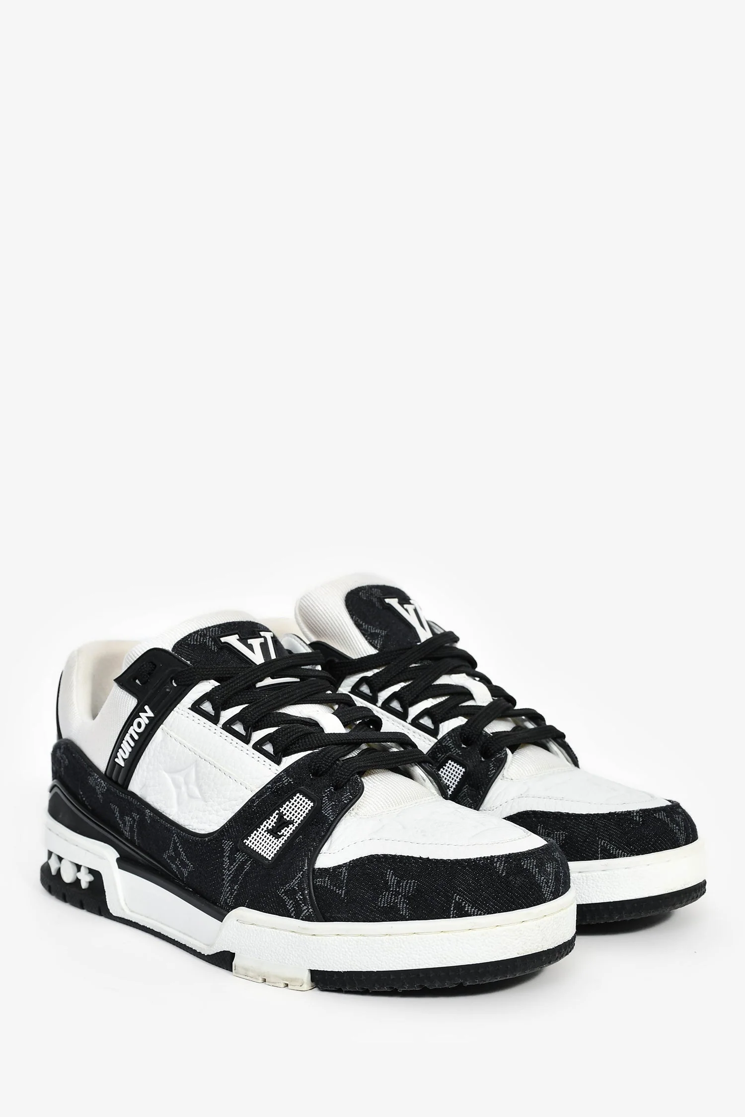 Louis Vuitton White Leather/Grey Monogram Denim Sneakers Size 39 - Image 2