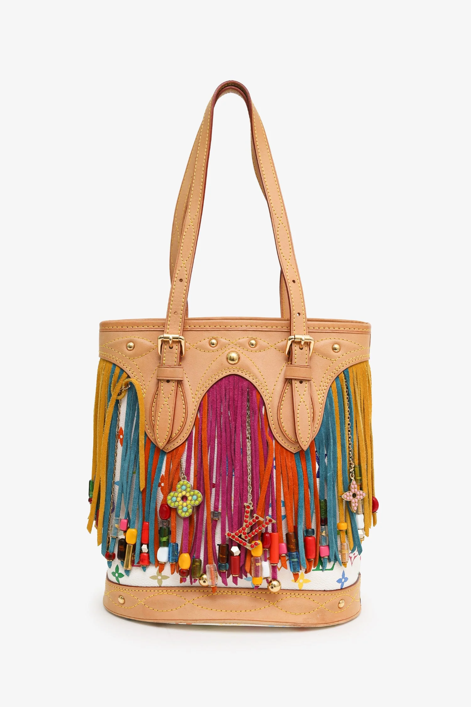 Louis Vuitton x Takashi Murakami 2006 Multicolour Monogram Fringe Bucket Bag With Pouch - Image 2