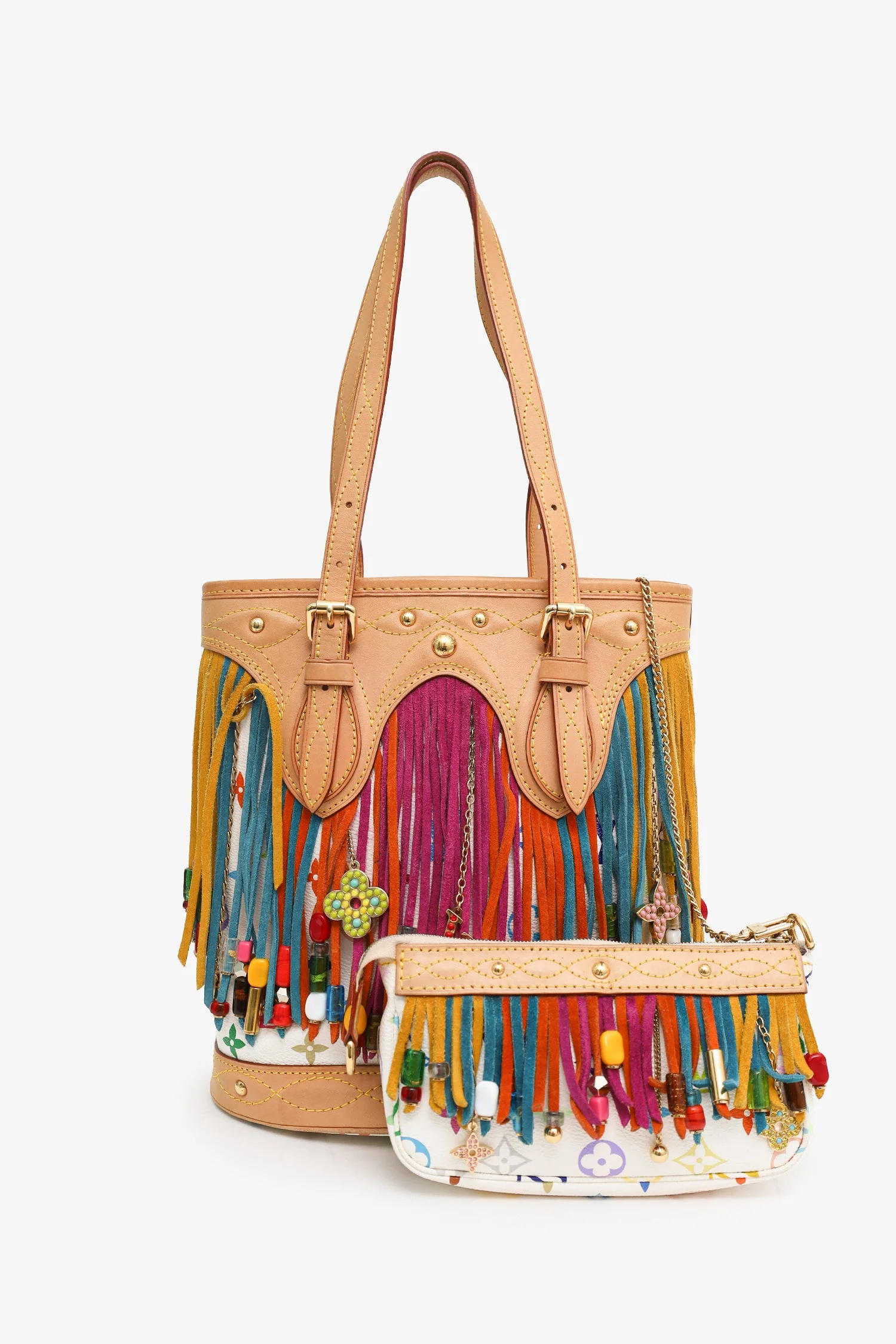 Louis Vuitton x Takashi Murakami 2006 Multicolour Monogram Fringe Bucket Bag With Pouch - Image 6