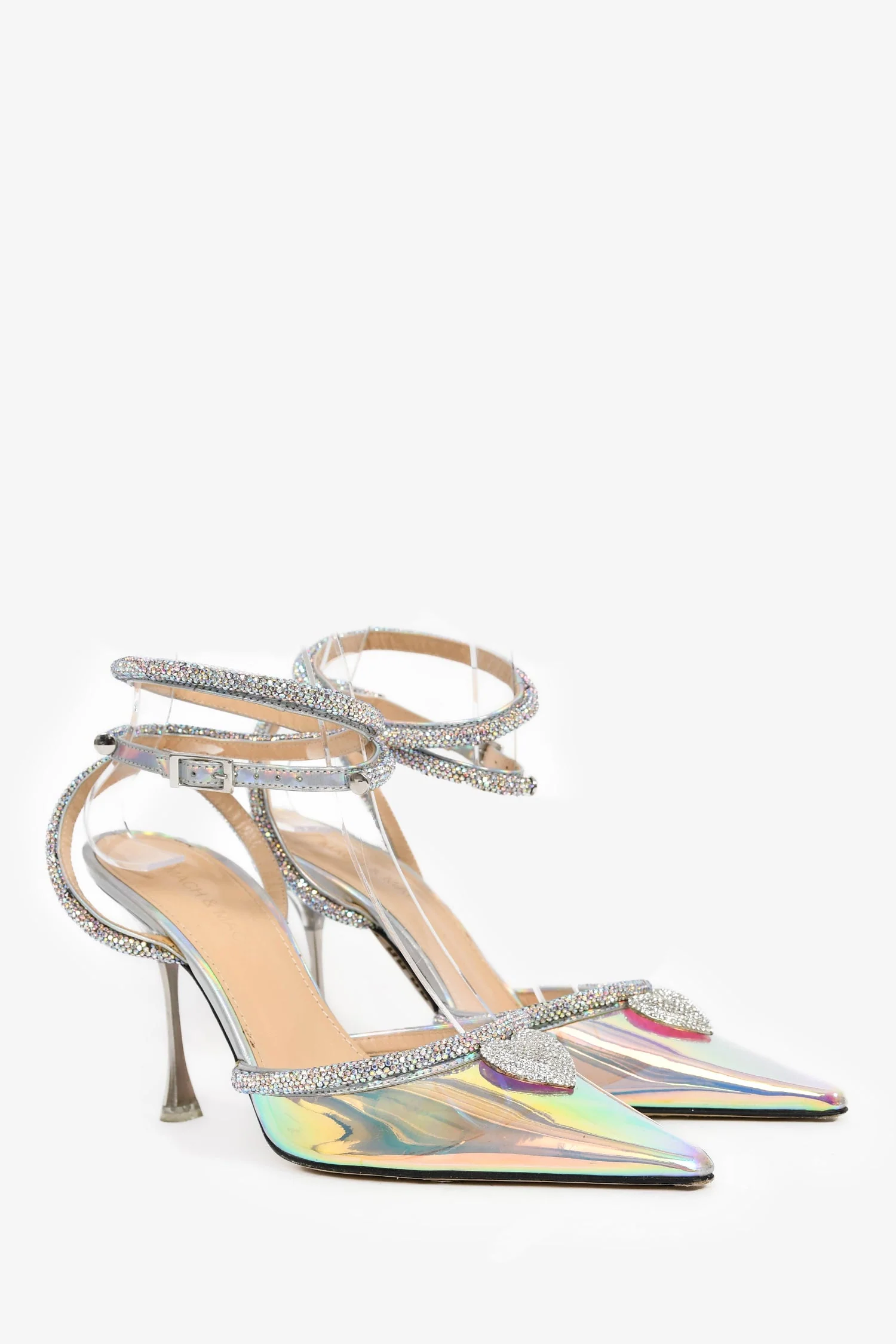 Mach & Mach Silver Iridescent PVC Crystal Embellished Heart Heels Size 37 - Image 2