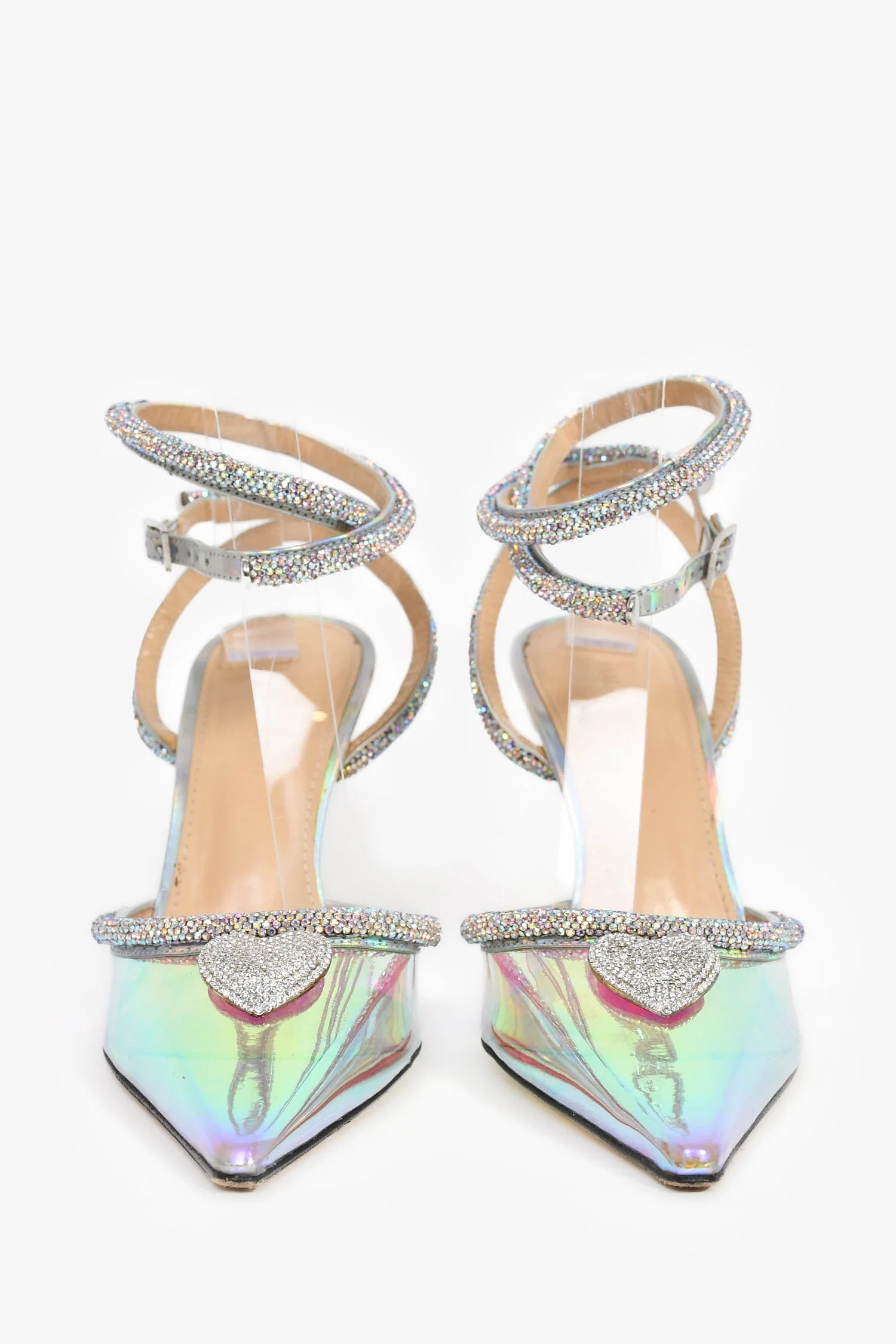 Mach & Mach Silver Iridescent PVC Crystal Embellished Heart Heels Size 37 - Image 3