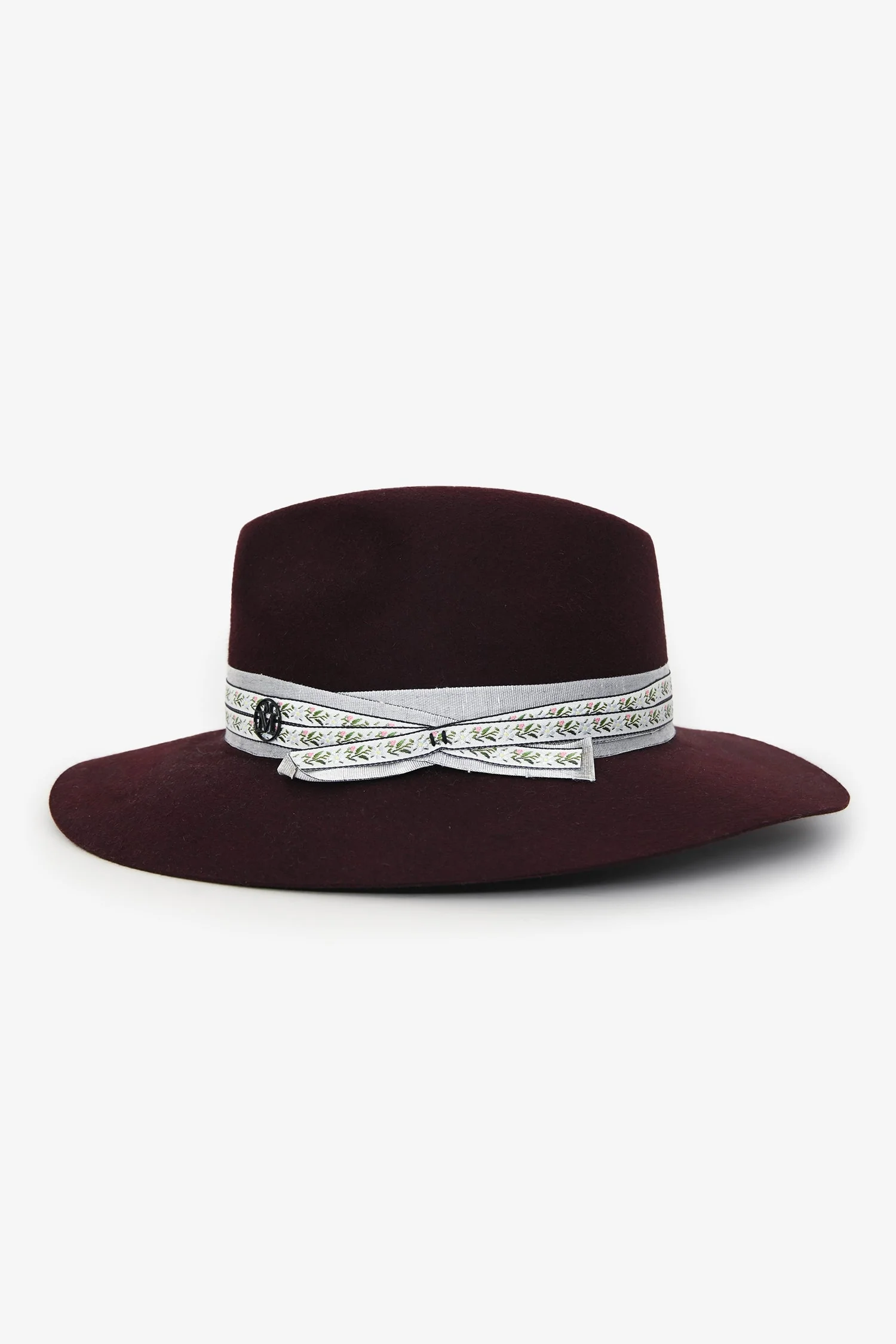 Maison Michel Burgundy Foliate Ribbon Fedora Hats Size M - Image 3