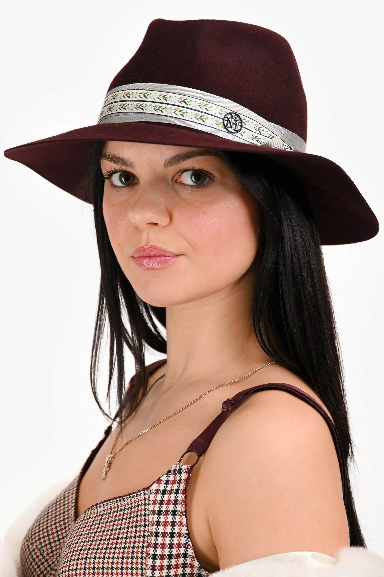 Maison Michel Burgundy Foliate Ribbon Fedora Hats Size M - Image 5