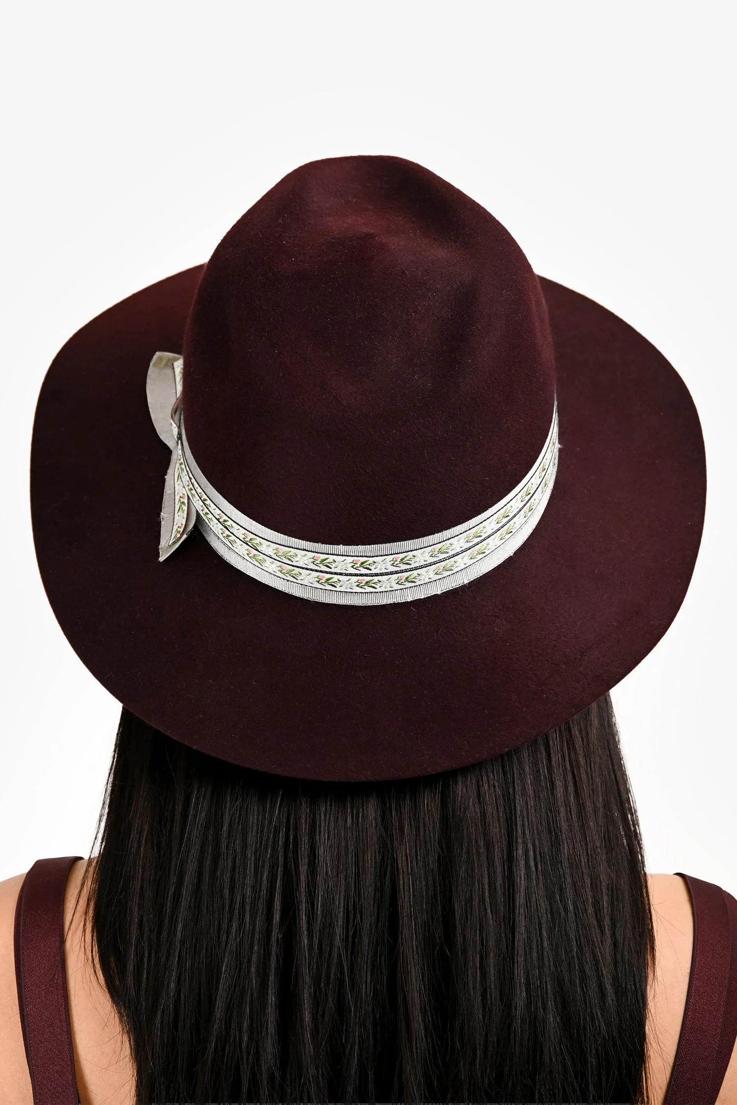 Maison Michel Burgundy Foliate Ribbon Fedora Hats Size M - Image 6