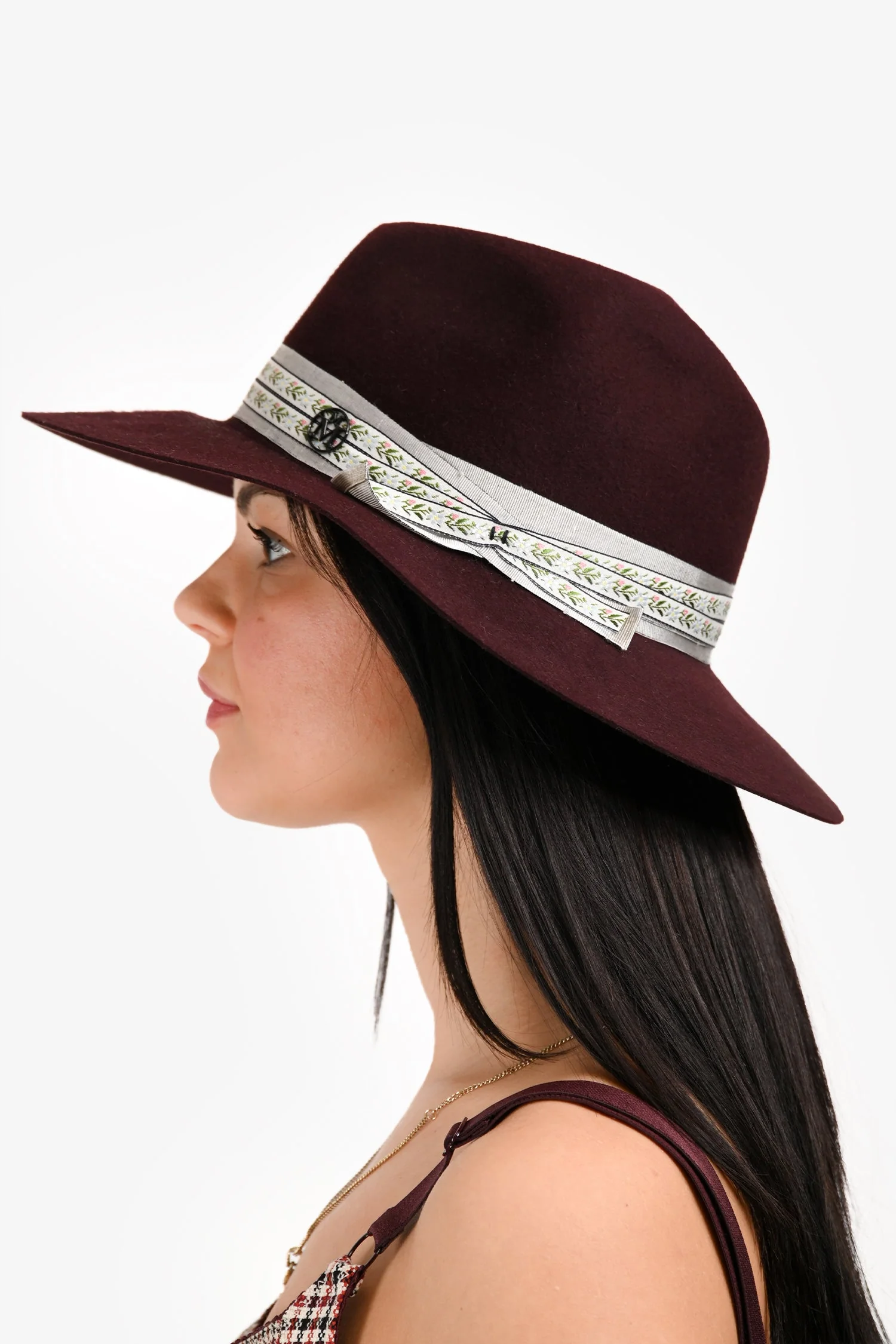 Maison Michel Burgundy Foliate Ribbon Fedora Hats Size M - Image 7