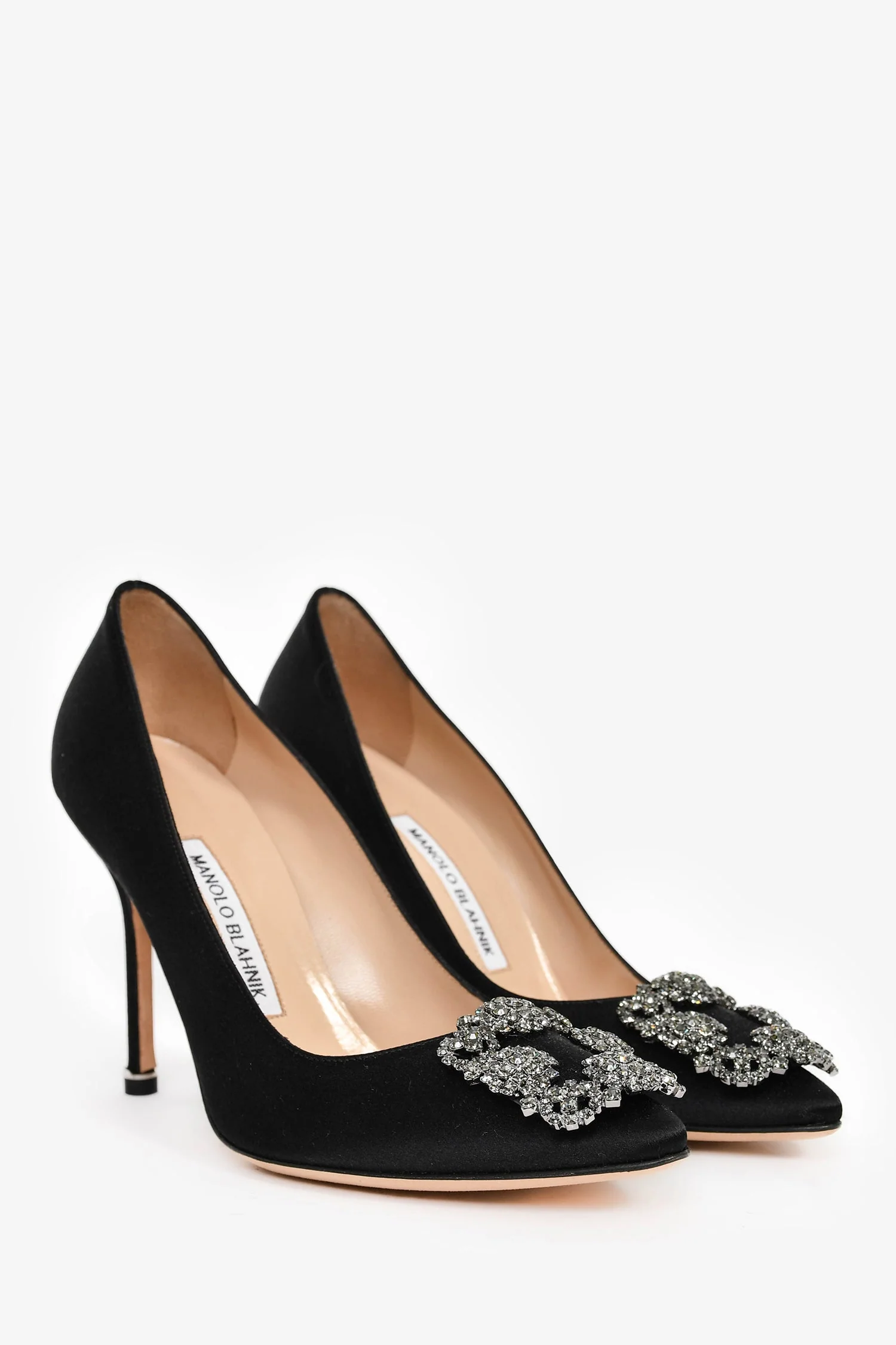 Manolo Blahnik Black Satin Embellished Hangisi Heels Size 38.5 - Image 2