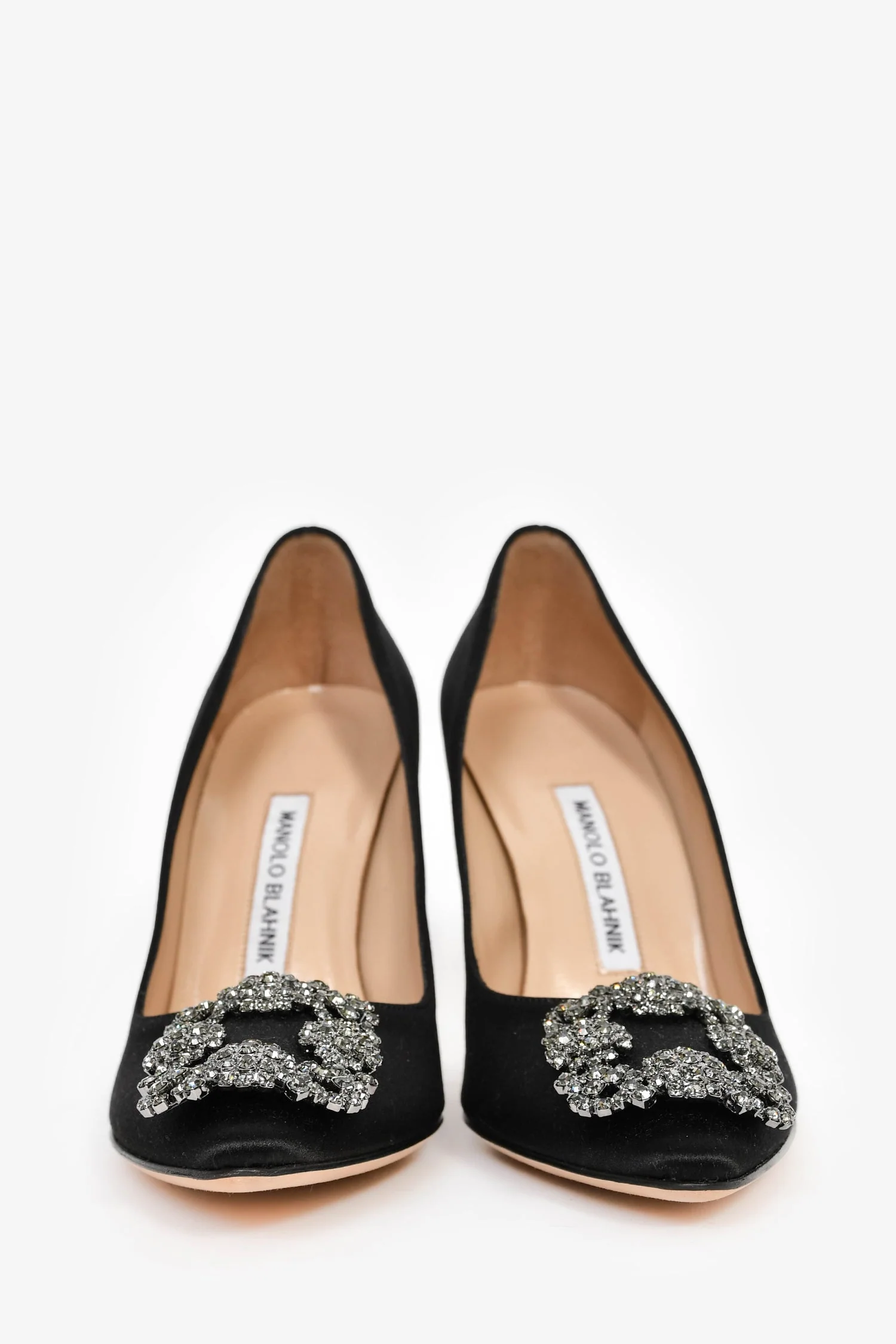 Manolo Blahnik Black Satin Embellished Hangisi Heels Size 38.5 - Image 3