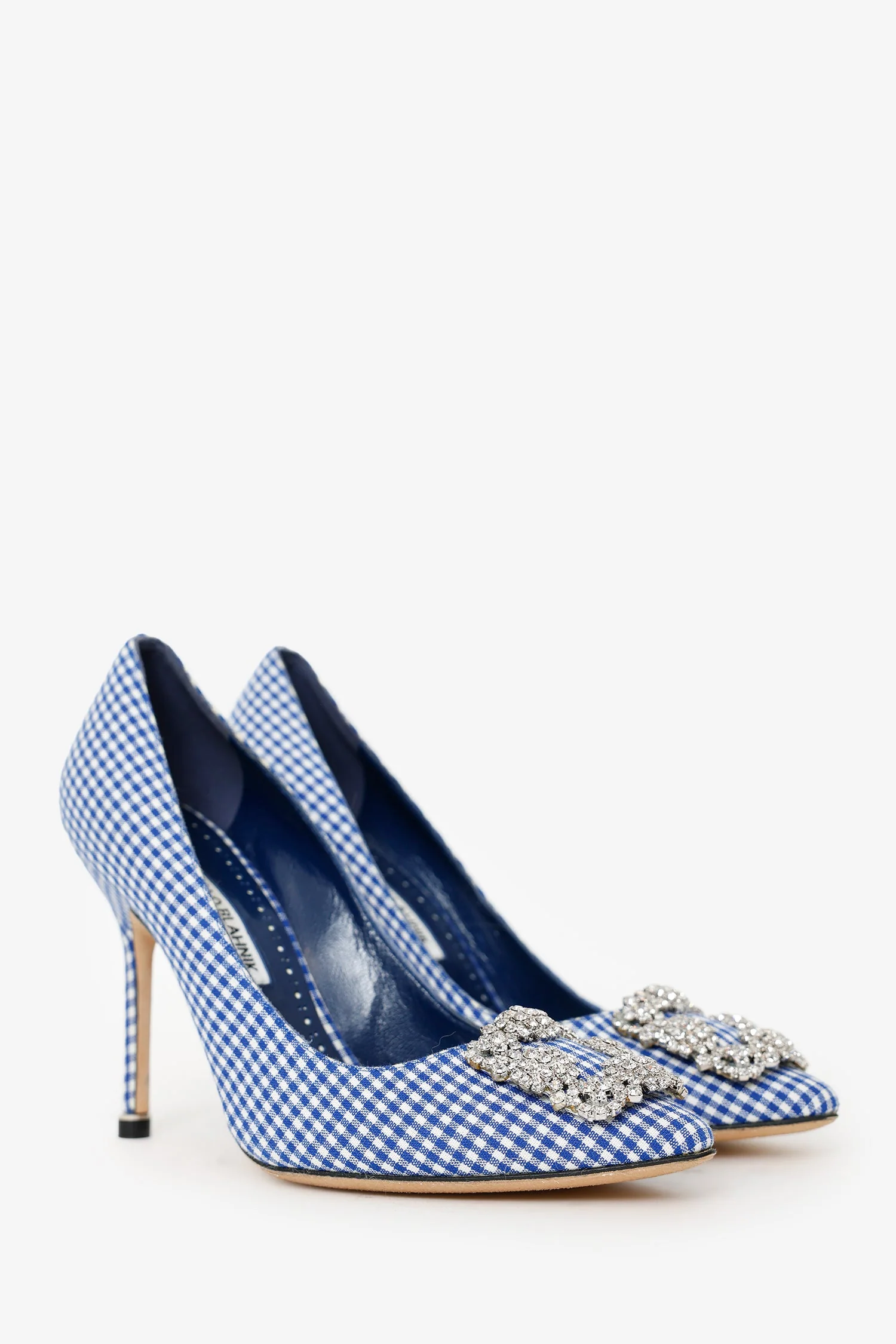 Manolo Blahnik Blue Check Gingham Hangisi Pump Size 37.5 - Image 2
