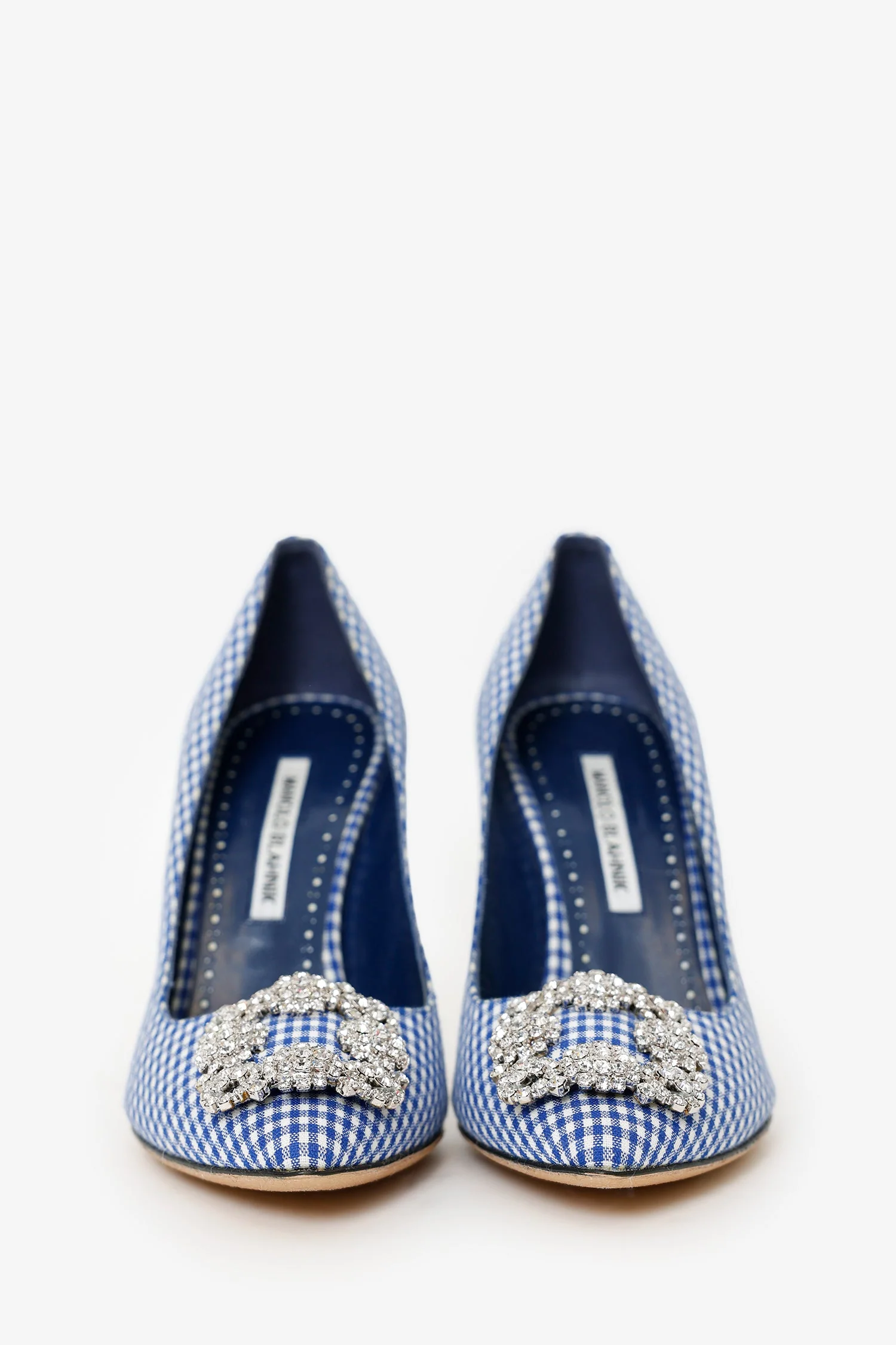 Manolo Blahnik Blue Check Gingham Hangisi Pump Size 37.5 - Image 3