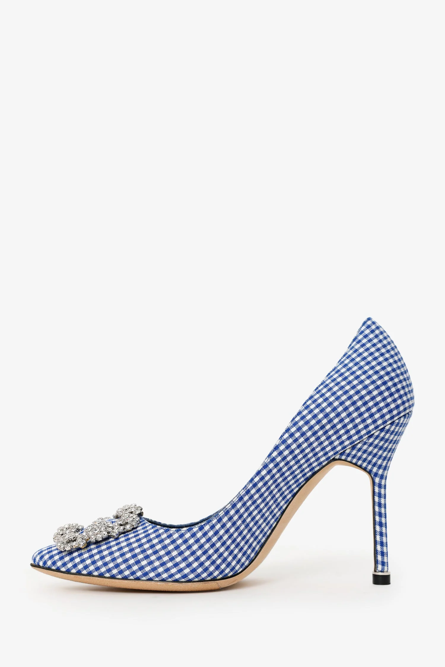Manolo Blahnik Blue Check Gingham Hangisi Pump Size 37.5 - Image 4