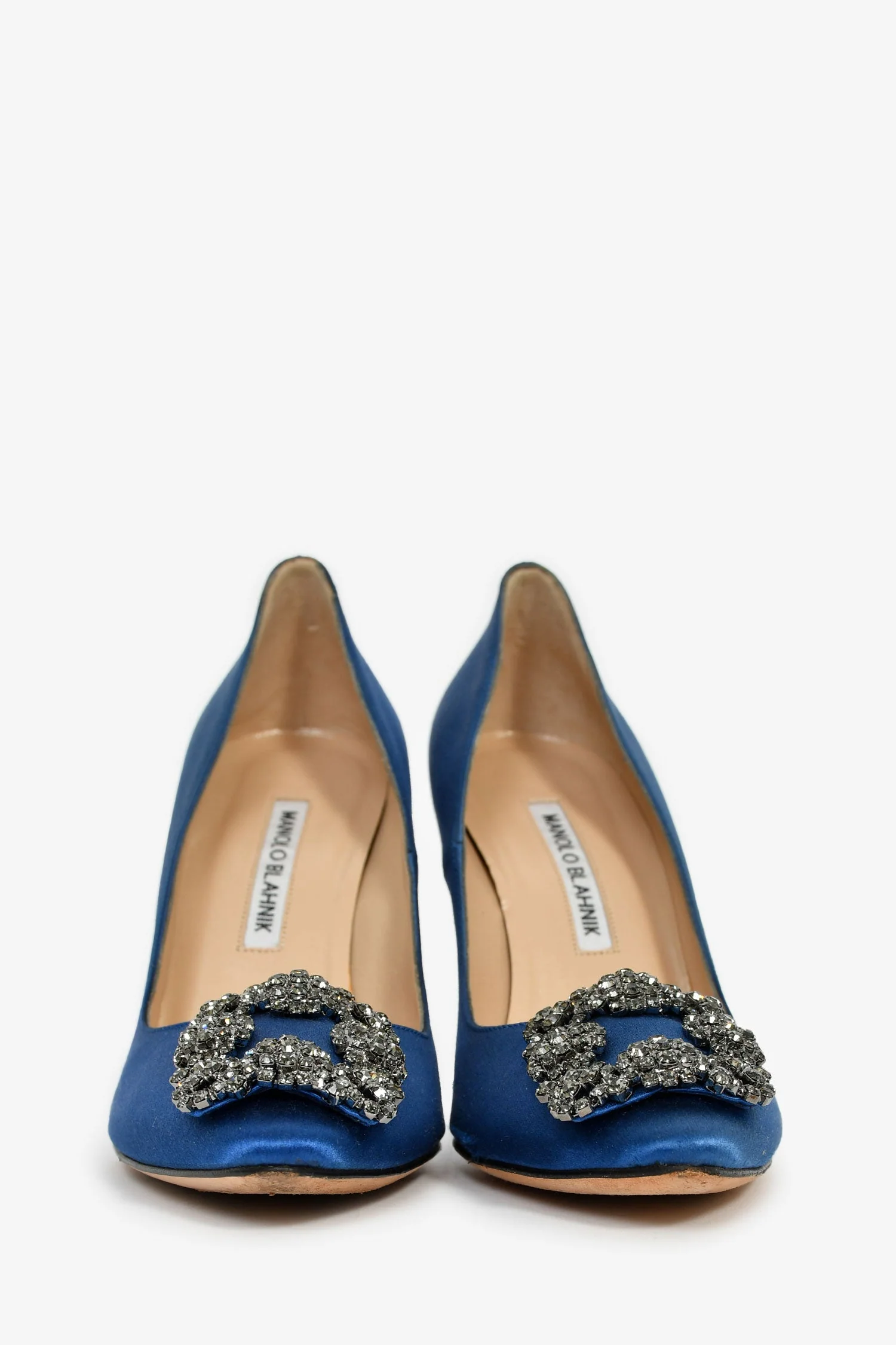 Manolo Blahnik Blue Satin Crystal Embellished Hangisi Heels Size 36.5 - Image 3