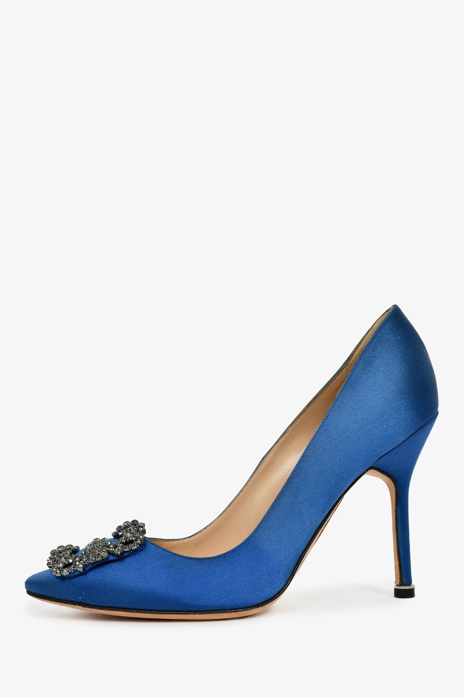 Manolo Blahnik Blue Satin Crystal Embellished Hangisi Heels Size 36.5 - Image 4