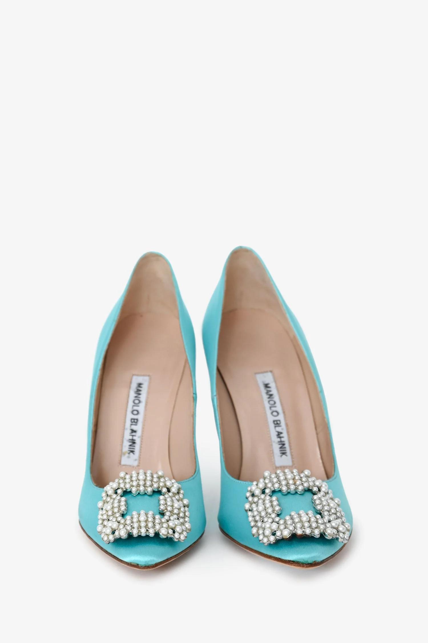 Manolo Blahnik Blue Satin Faux Pearl Hangisi Heels Size 35.5 - Image 3
