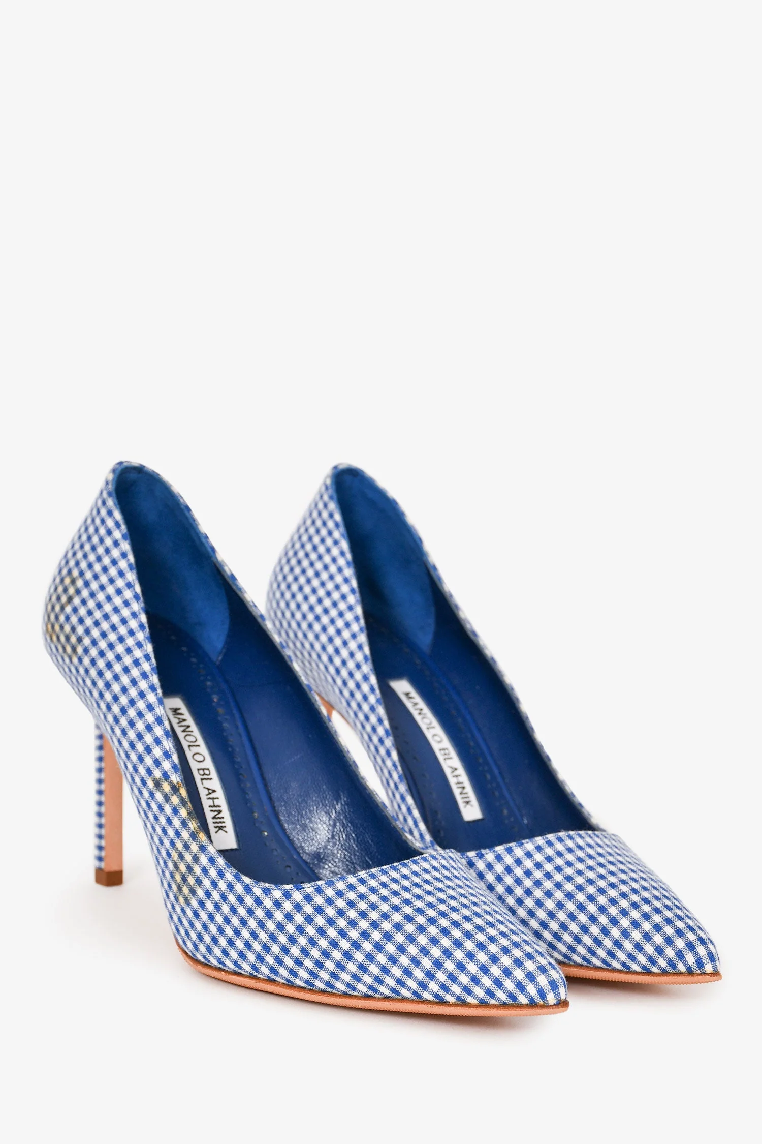 Manolo Blahnik Blue/White Gingham Pointed Heels Size 37.5 - Image 4