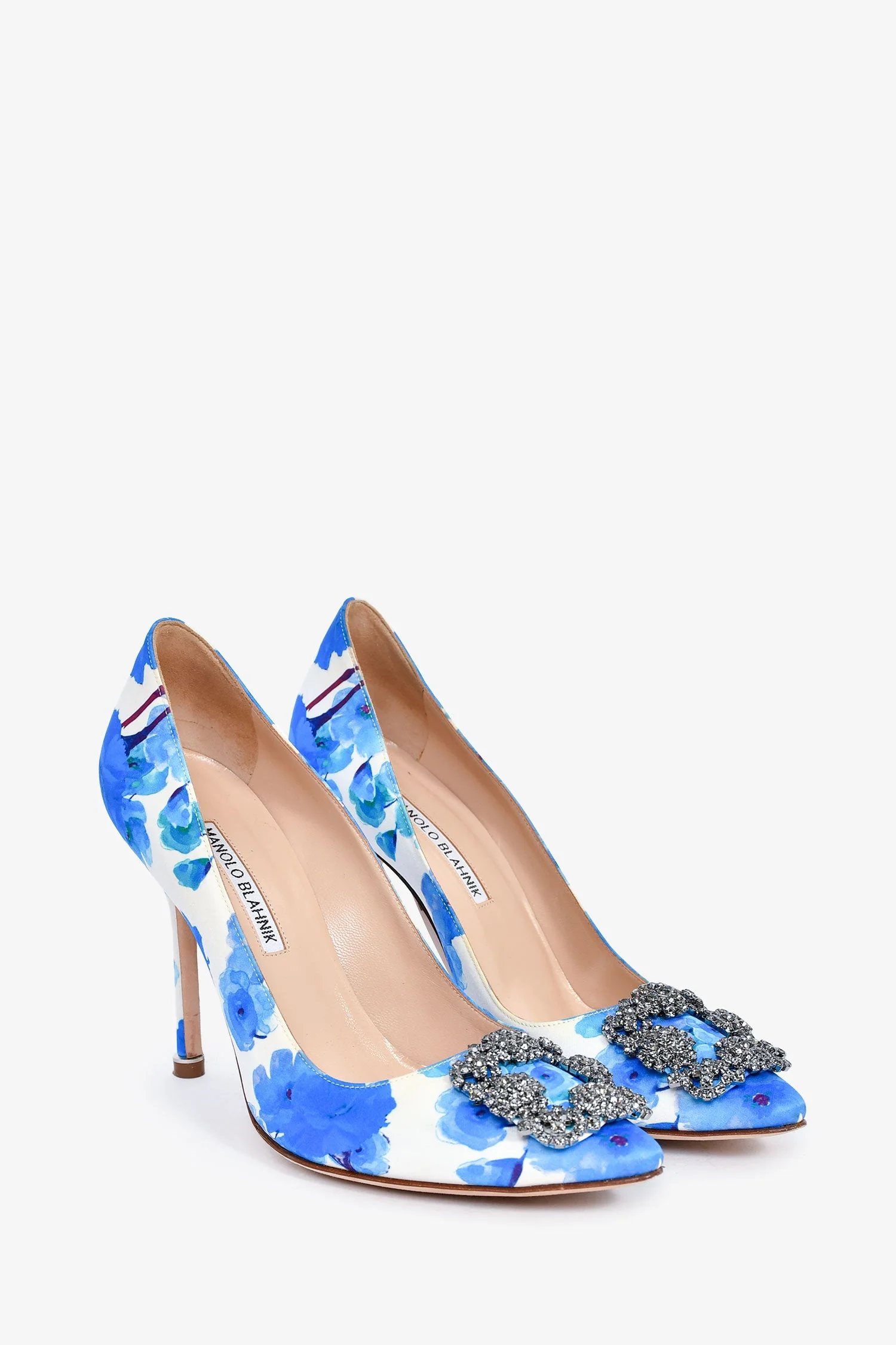 Manolo Blahnik Blue/White Satin Floral Crystal Embellished Hangisi Heels Size 38 - Image 2