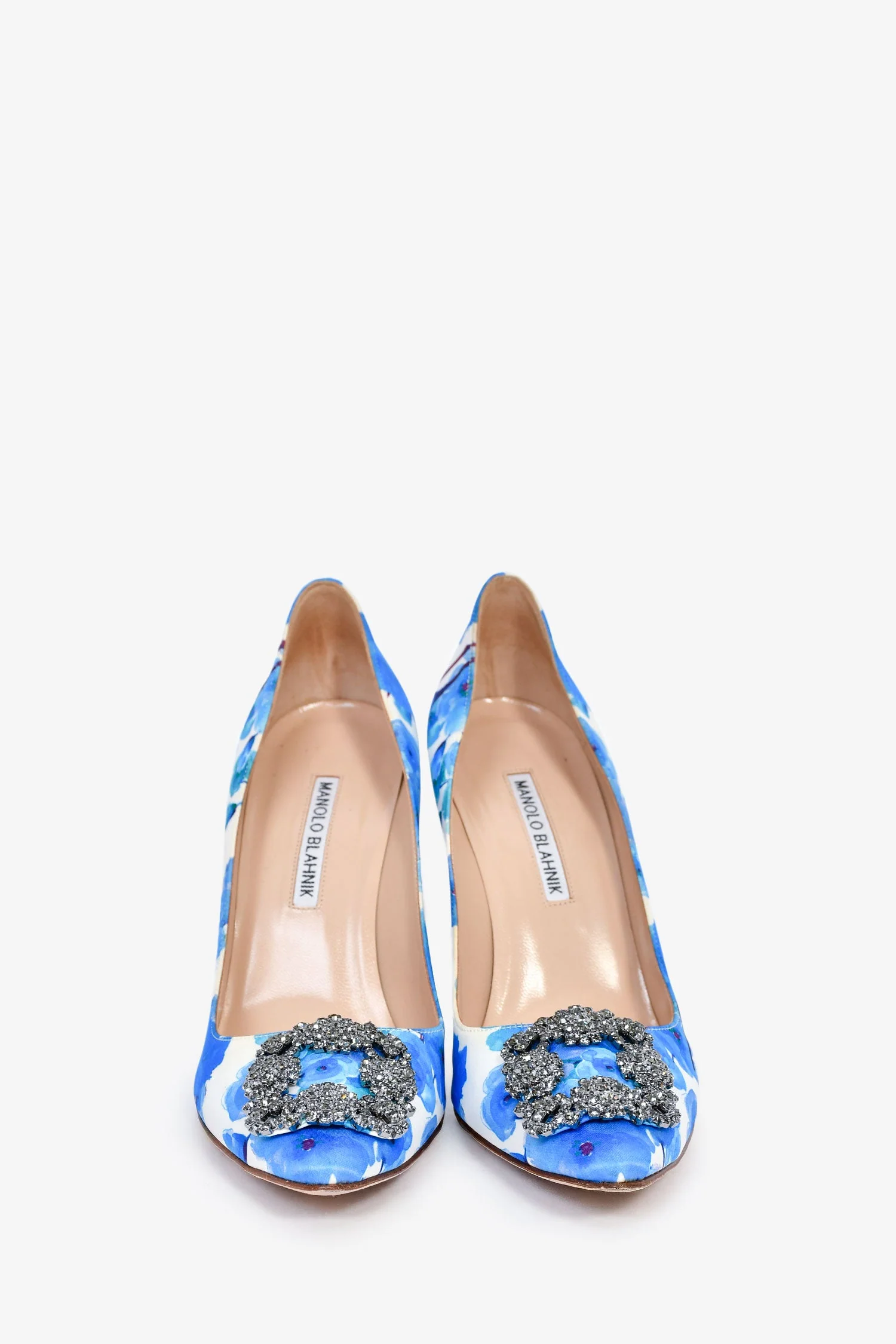 Manolo Blahnik Blue/White Satin Floral Crystal Embellished Hangisi Heels Size 38 - Image 3