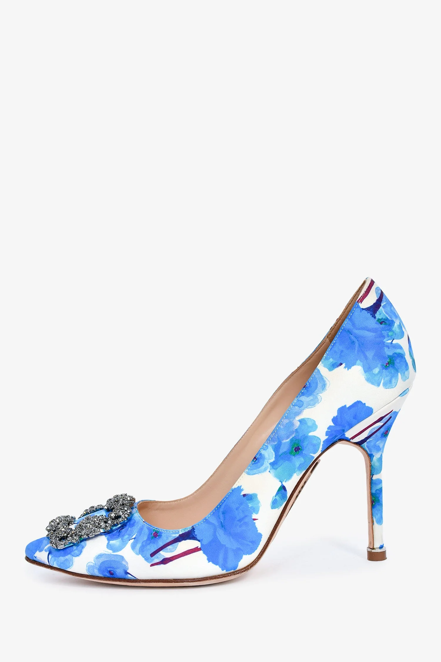 Manolo Blahnik Blue/White Satin Floral Crystal Embellished Hangisi Heels Size 38 - Image 4