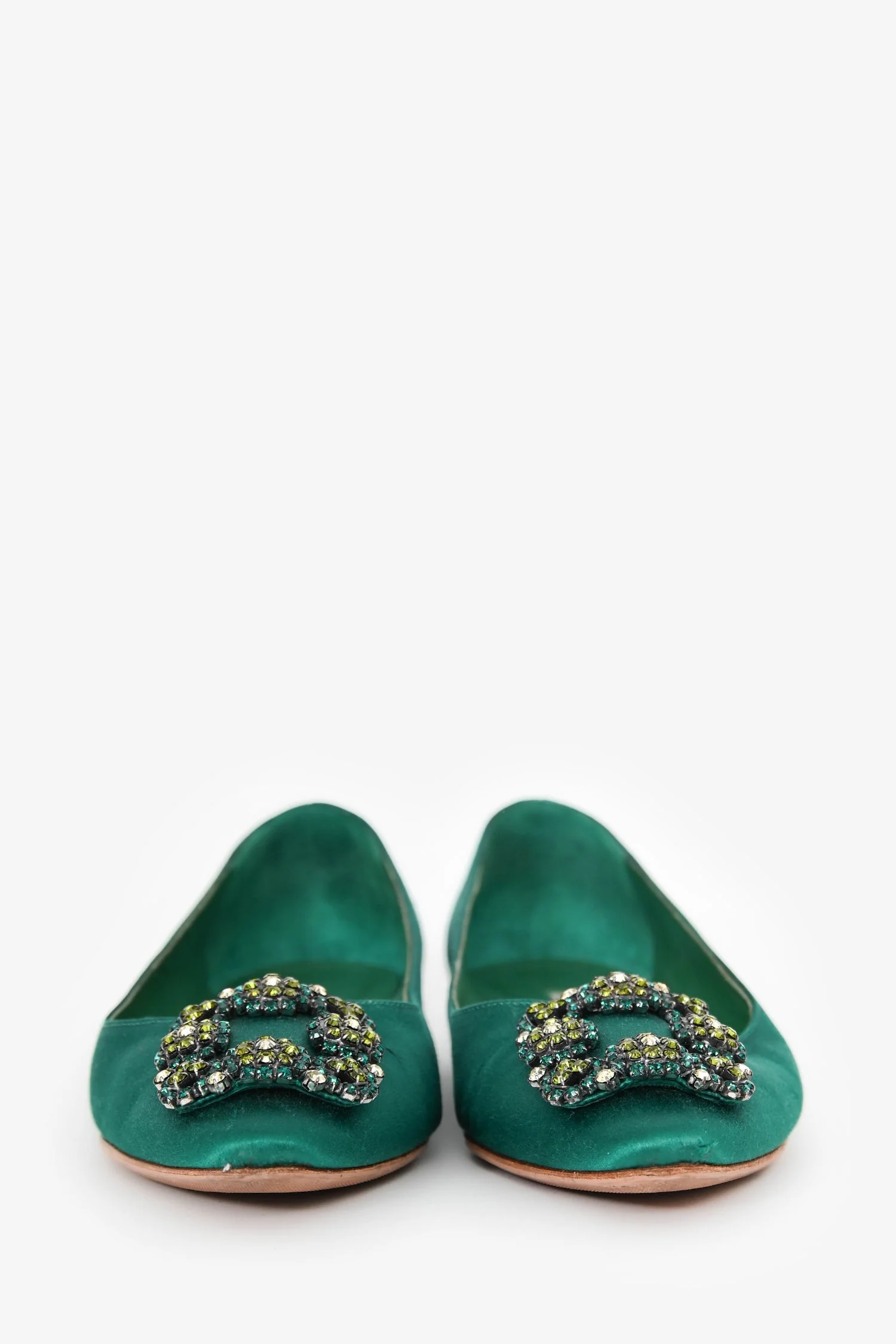 Manolo Blahnik Green Satin/Leather Hangisi Flats Size 38 - Image 3