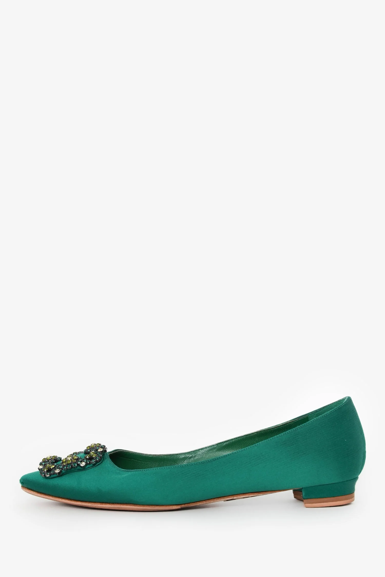 Manolo Blahnik Green Satin/Leather Hangisi Flats Size 38 - Image 4