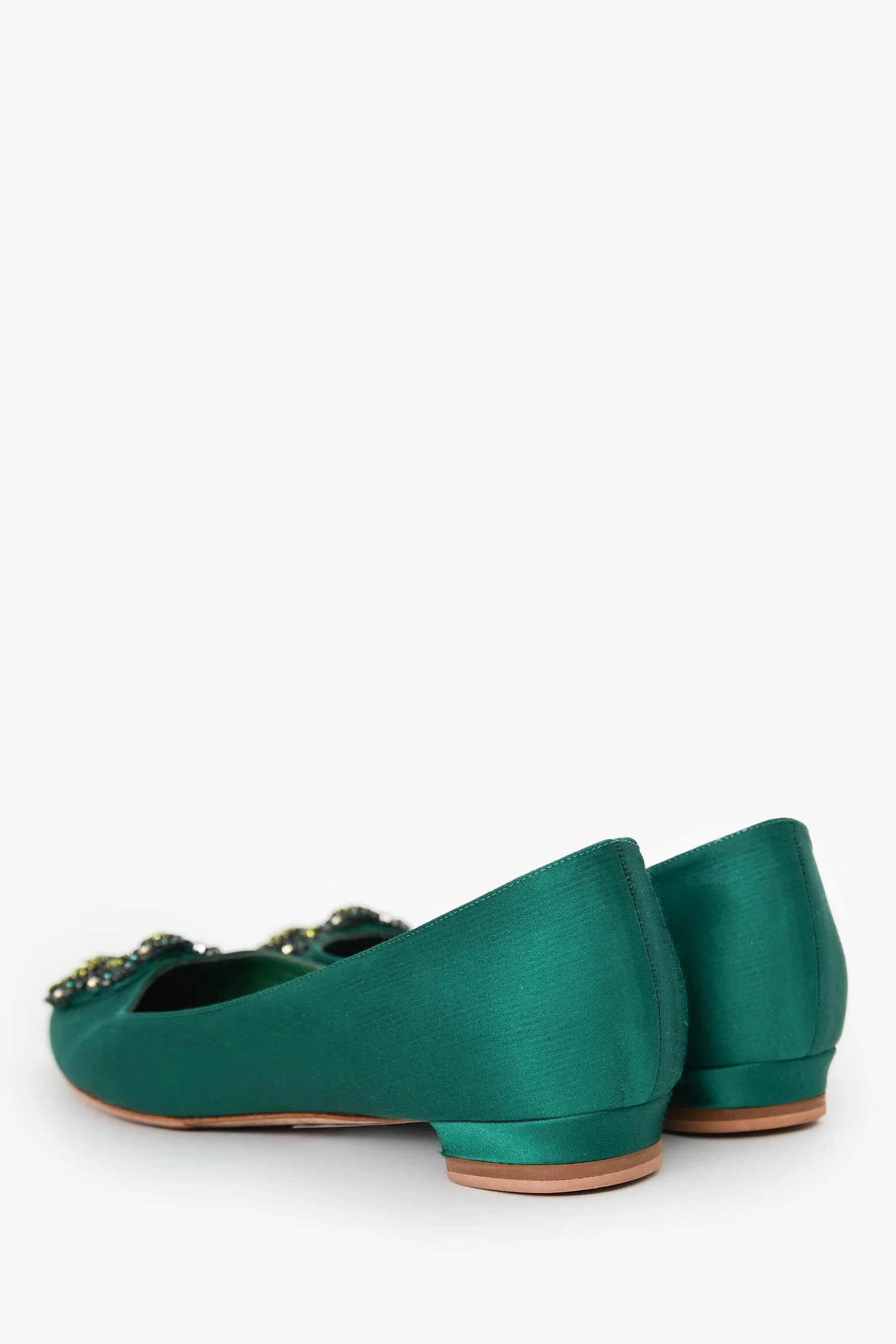 Manolo Blahnik Green Satin/Leather Hangisi Flats Size 38 - Image 5