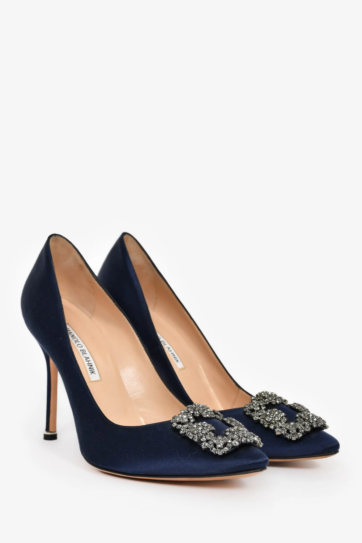 Manolo Blahnik Navy Satin Embellished Hangisi Heels Size 38.5 - Image 2