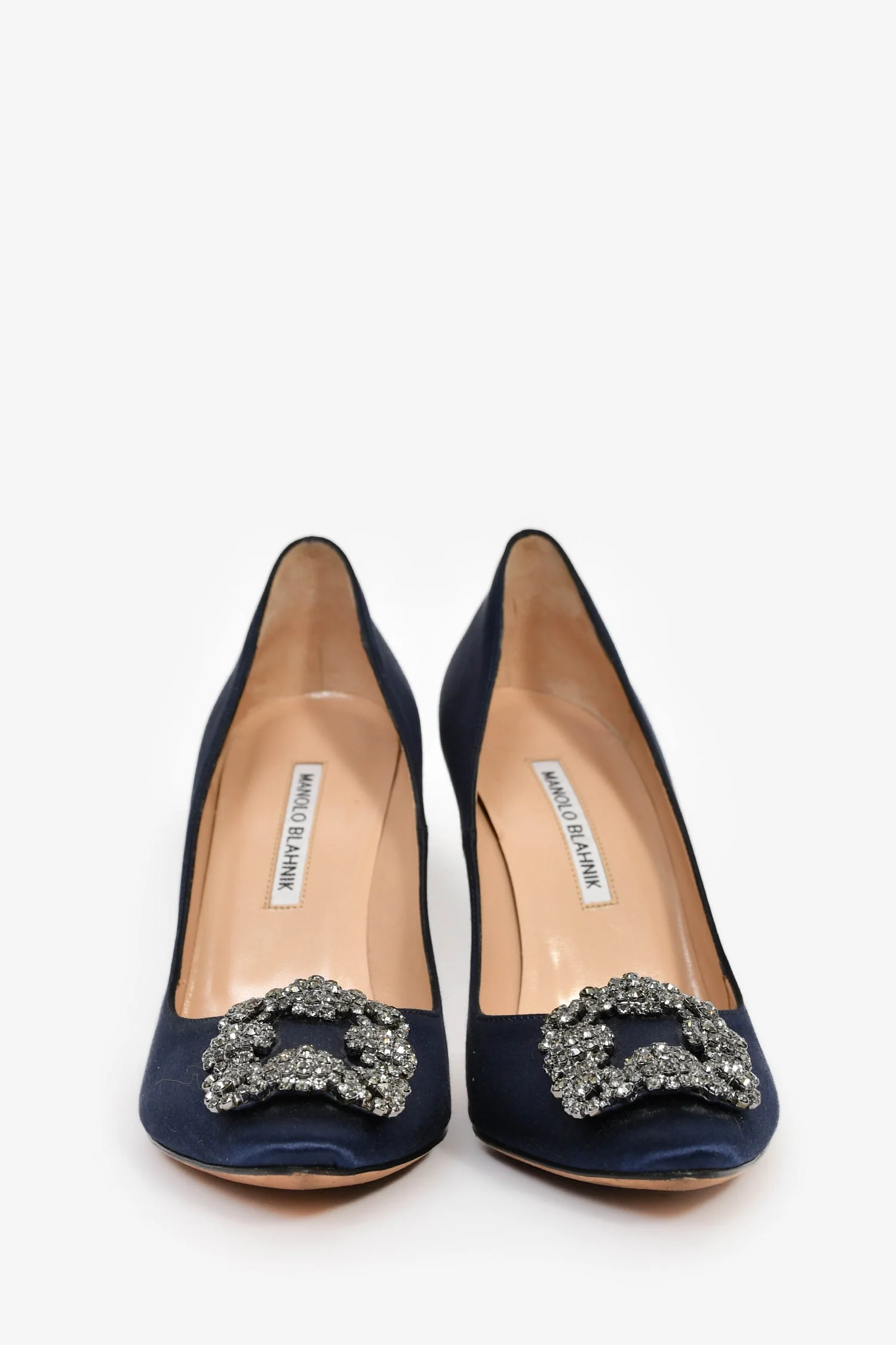 Manolo Blahnik Navy Satin Embellished Hangisi Heels Size 38.5 - Image 3