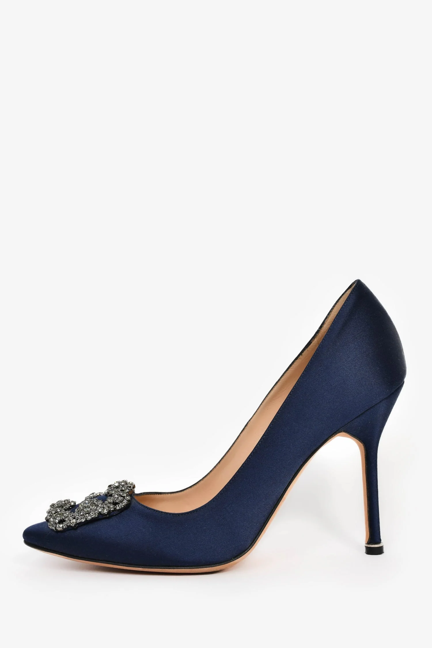 Manolo Blahnik Navy Satin Embellished Hangisi Heels Size 38.5 - Image 4