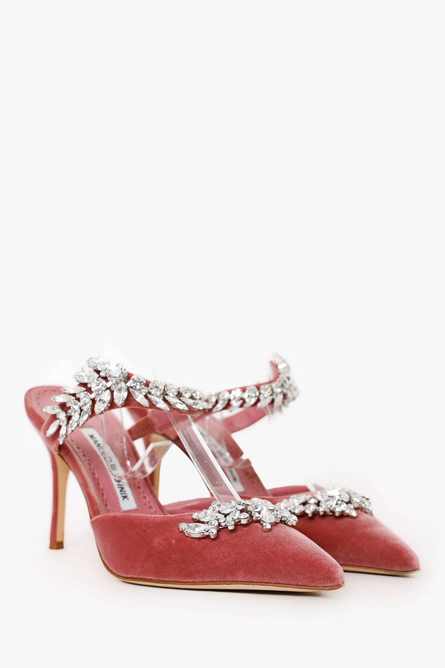 Manolo Blahnik Pink Velvet Crystal Embellishments Lurum Mules Size 36 - Image 2