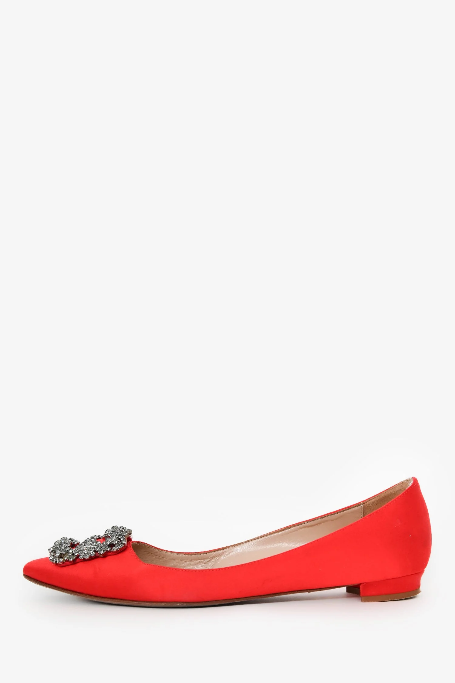 Manolo Blahnik Red Satin/Leather Hangisi Flats Size 38 - Image 4