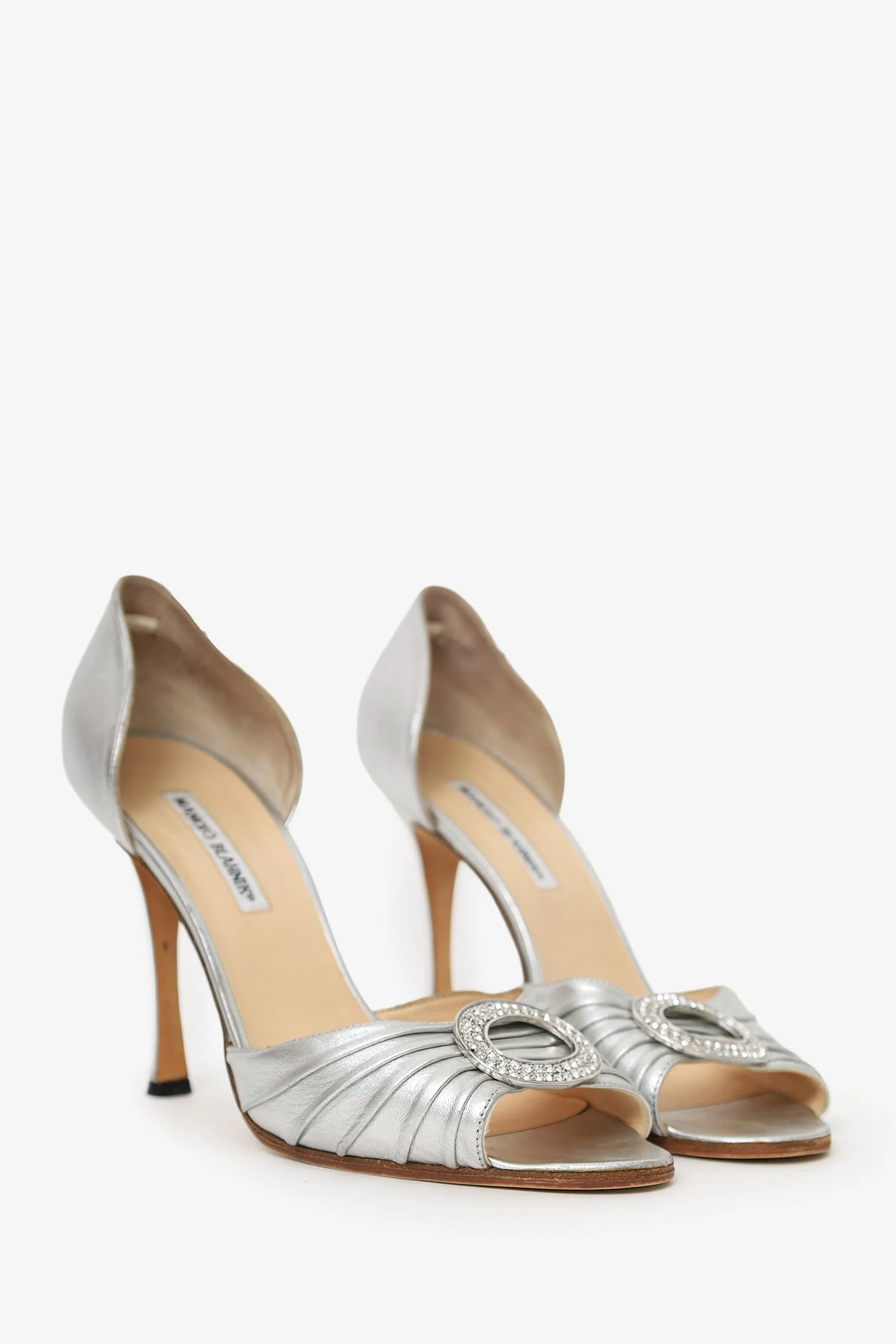 Manolo Blahnik Silver Leather Crystal Buckle Heels Size 41 - Image 2