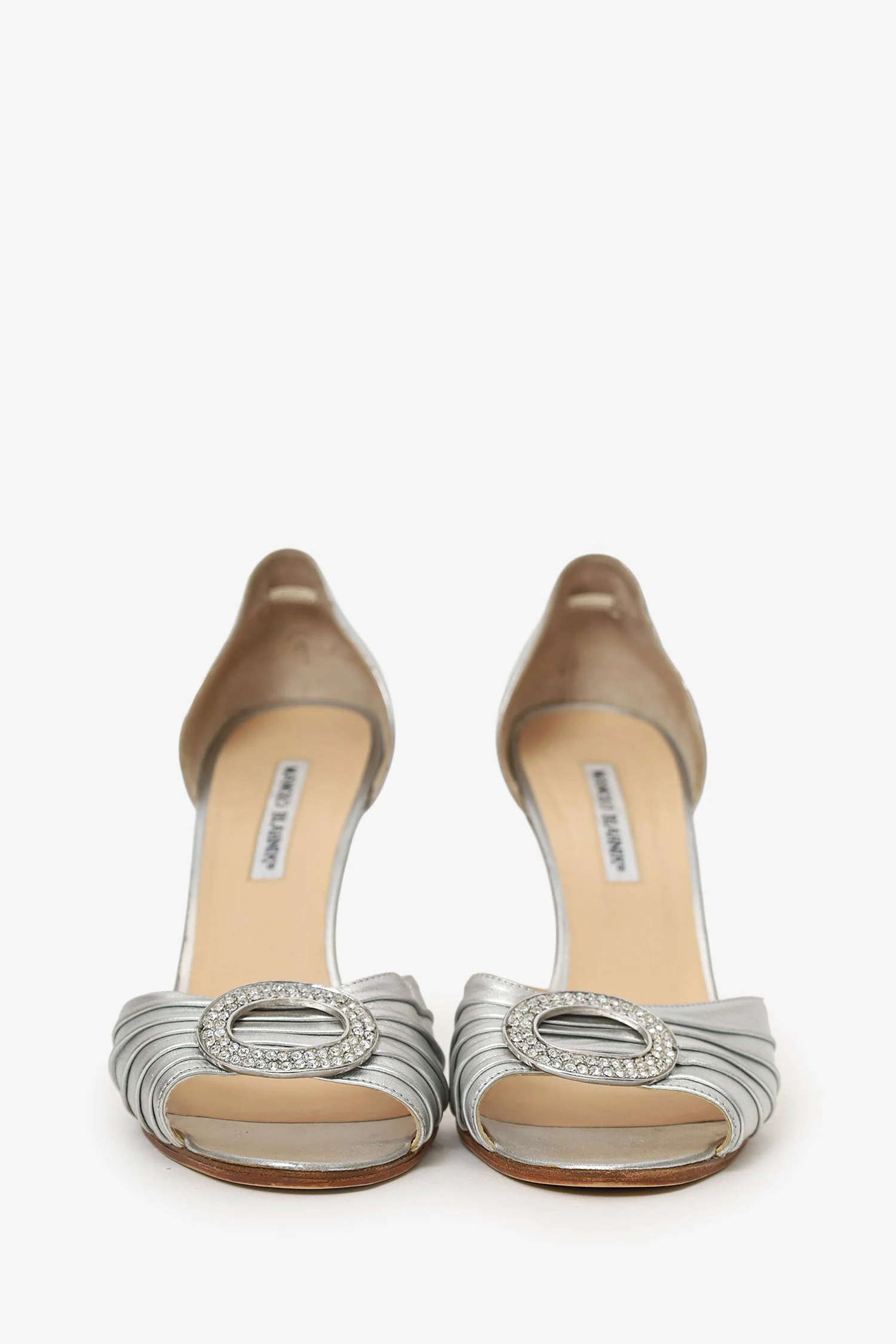 Manolo Blahnik Silver Leather Crystal Buckle Heels Size 41 - Image 3