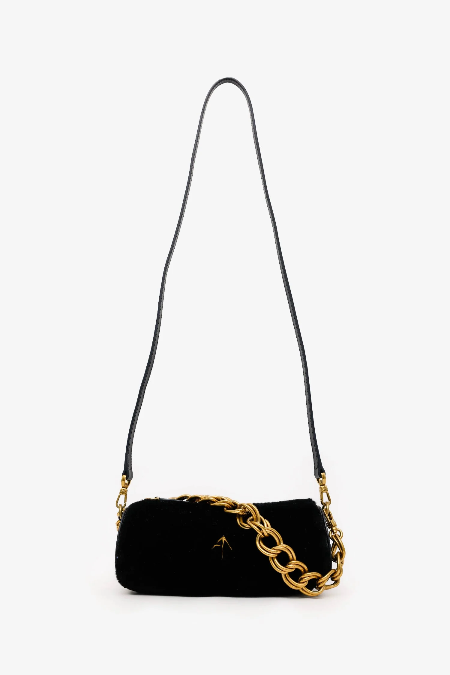 Manu Atelier Black/Shearling 'XX Mini Cylinder' Bag With Strap - Image 7