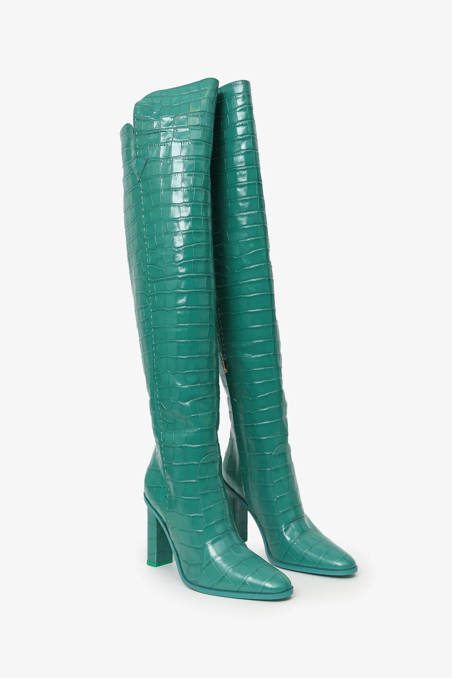 Max Mara Turquoise Leather Croc Embossed Thigh High Boots Size 39 - Image 2