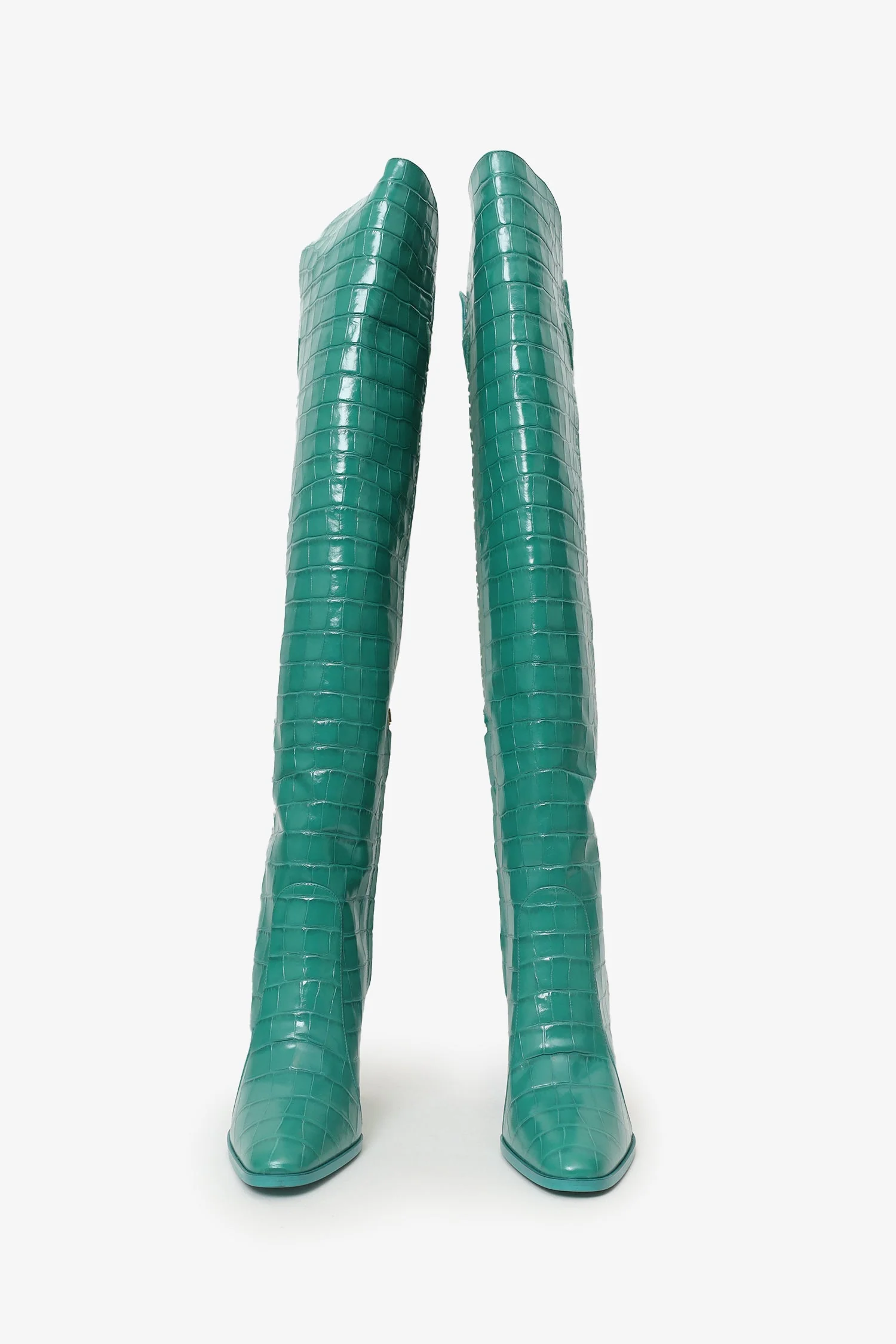 Max Mara Turquoise Leather Croc Embossed Thigh High Boots Size 39 - Image 3