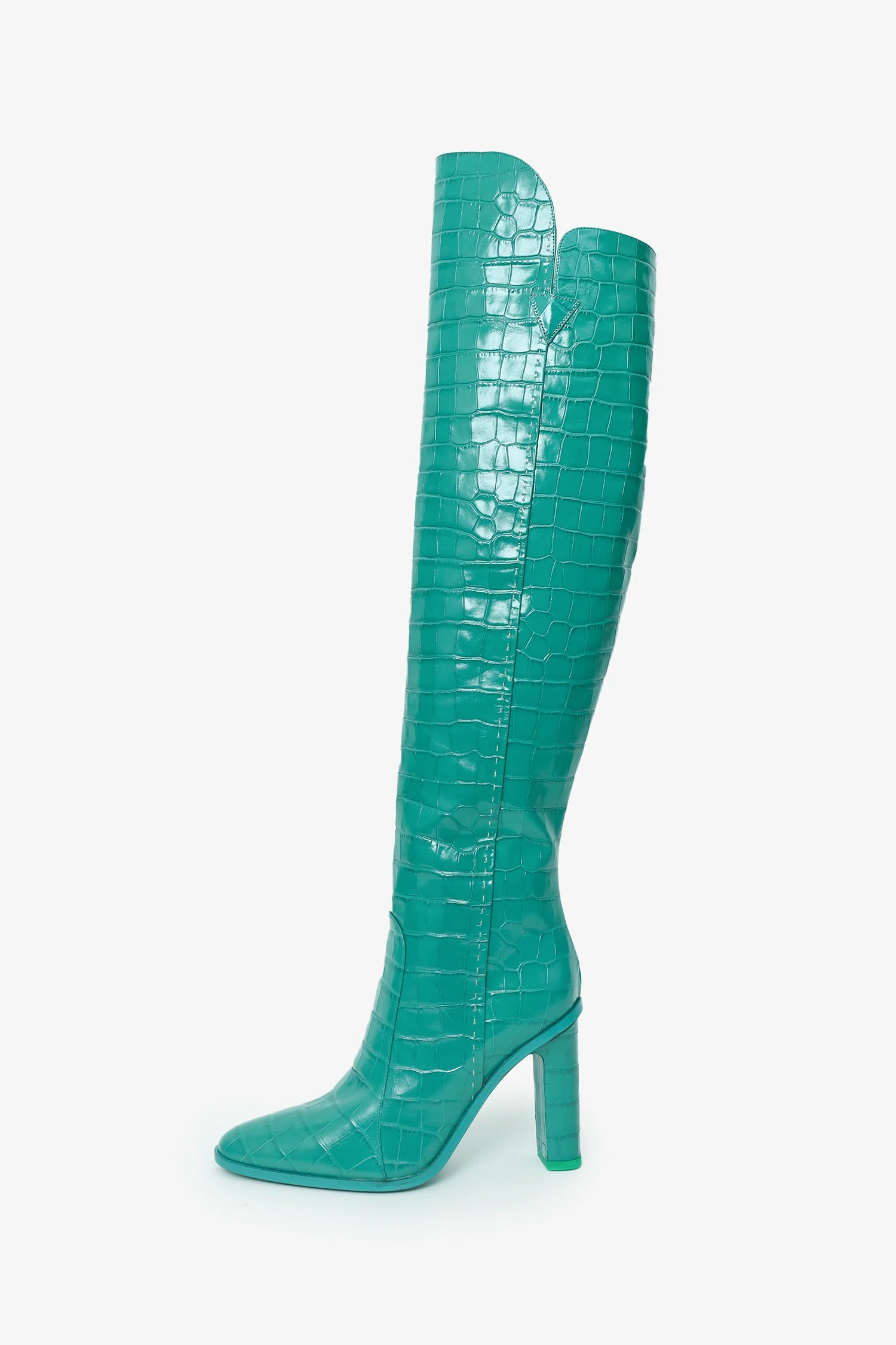Max Mara Turquoise Leather Croc Embossed Thigh High Boots Size 39 - Image 4