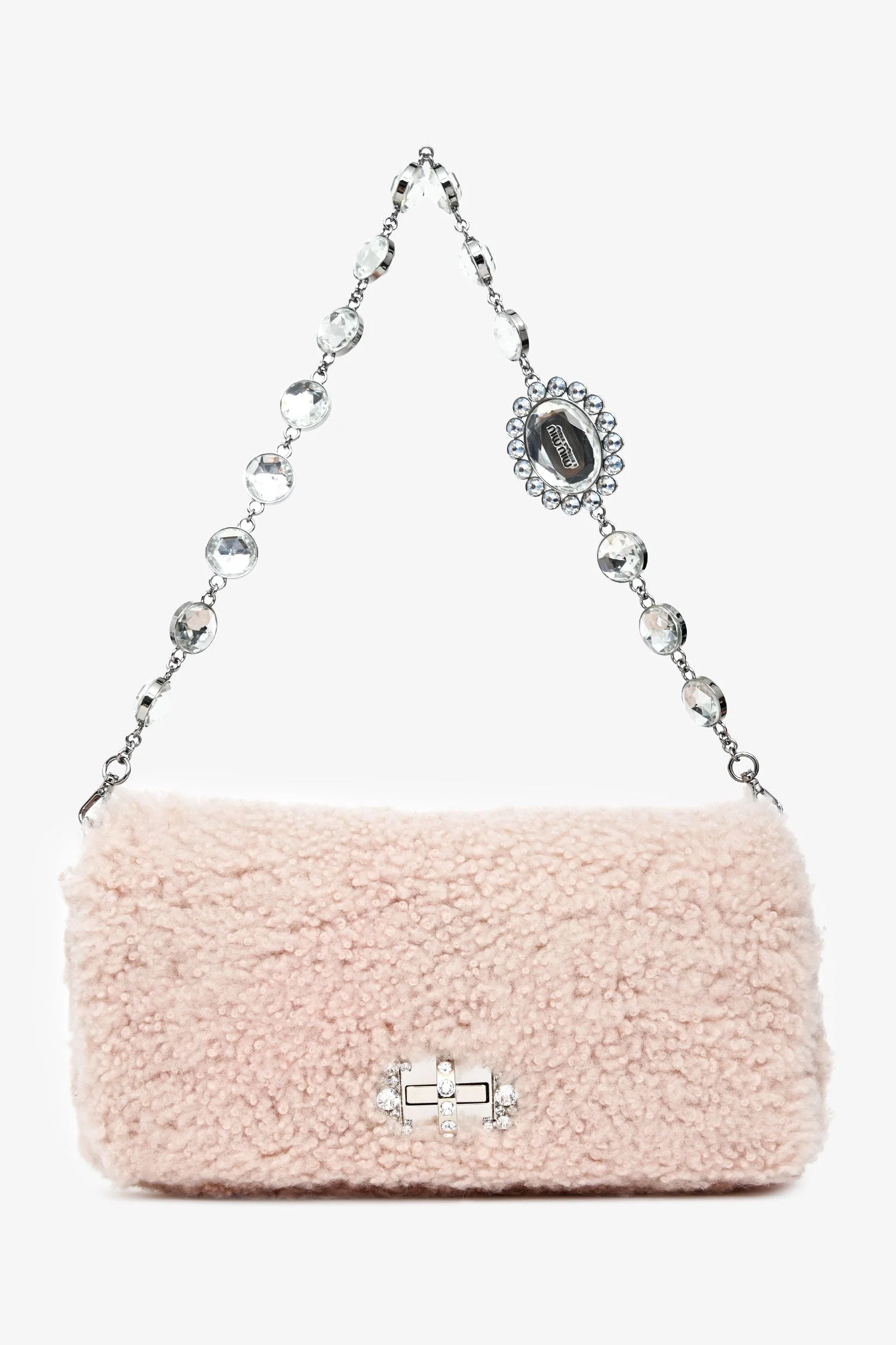 Miu Miu 2018 Pink Shearling 'Montone' Crystal Shoulder Bag - Image 7