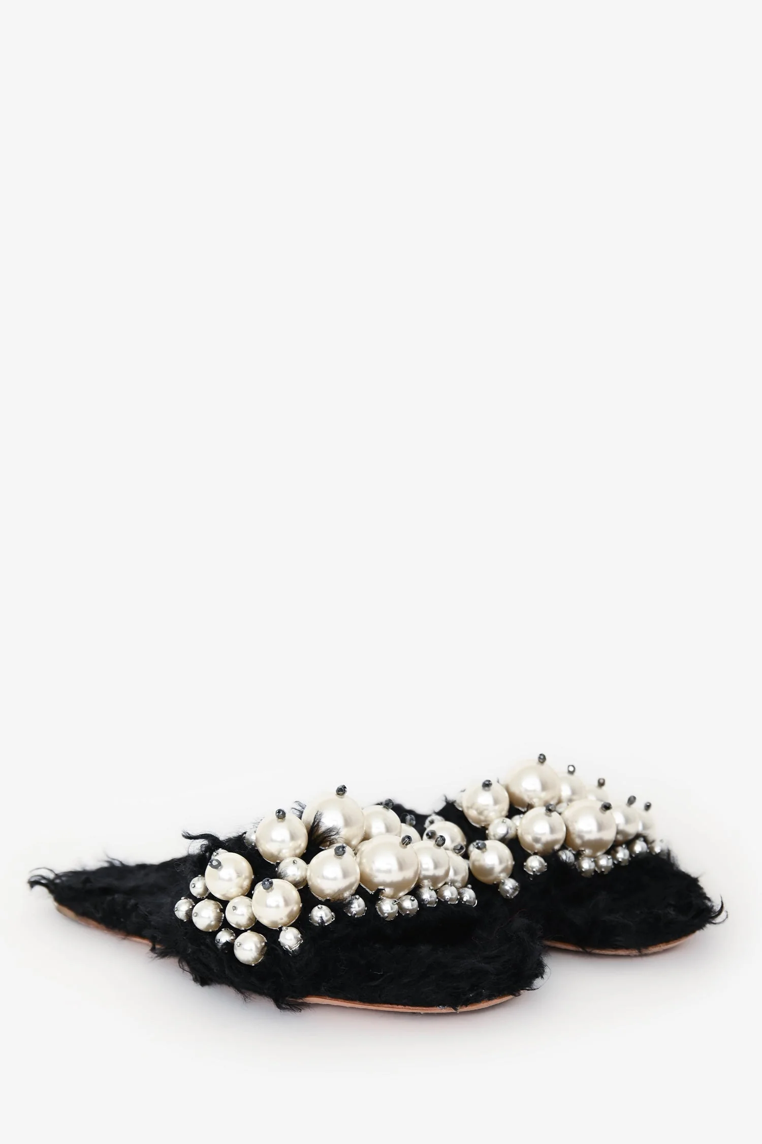 Miu Miu Black Faux Fur/Faux Pearl Embellished Slides Size 36.5 - Image 2
