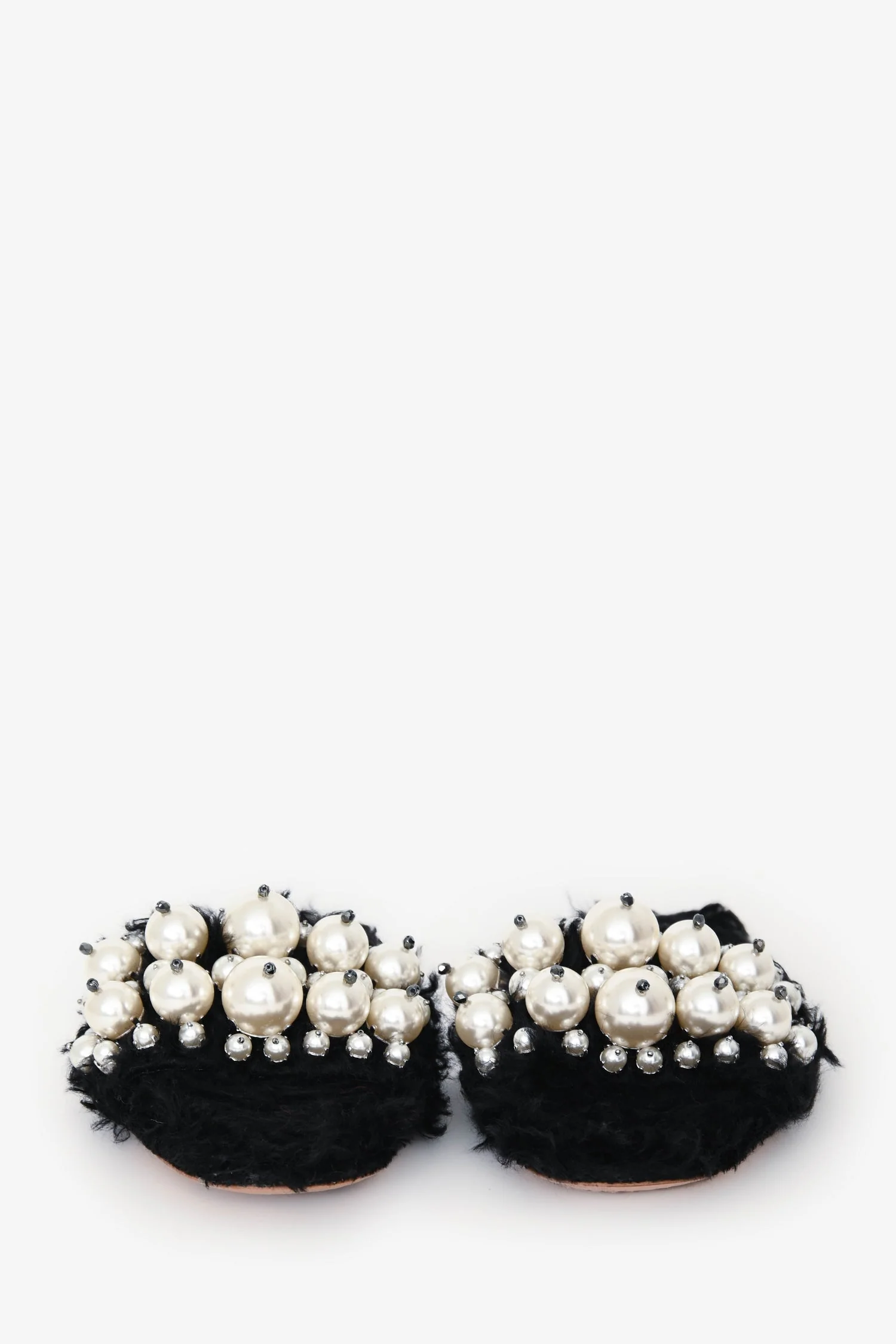 Miu Miu Black Faux Fur/Faux Pearl Embellished Slides Size 36.5 - Image 3