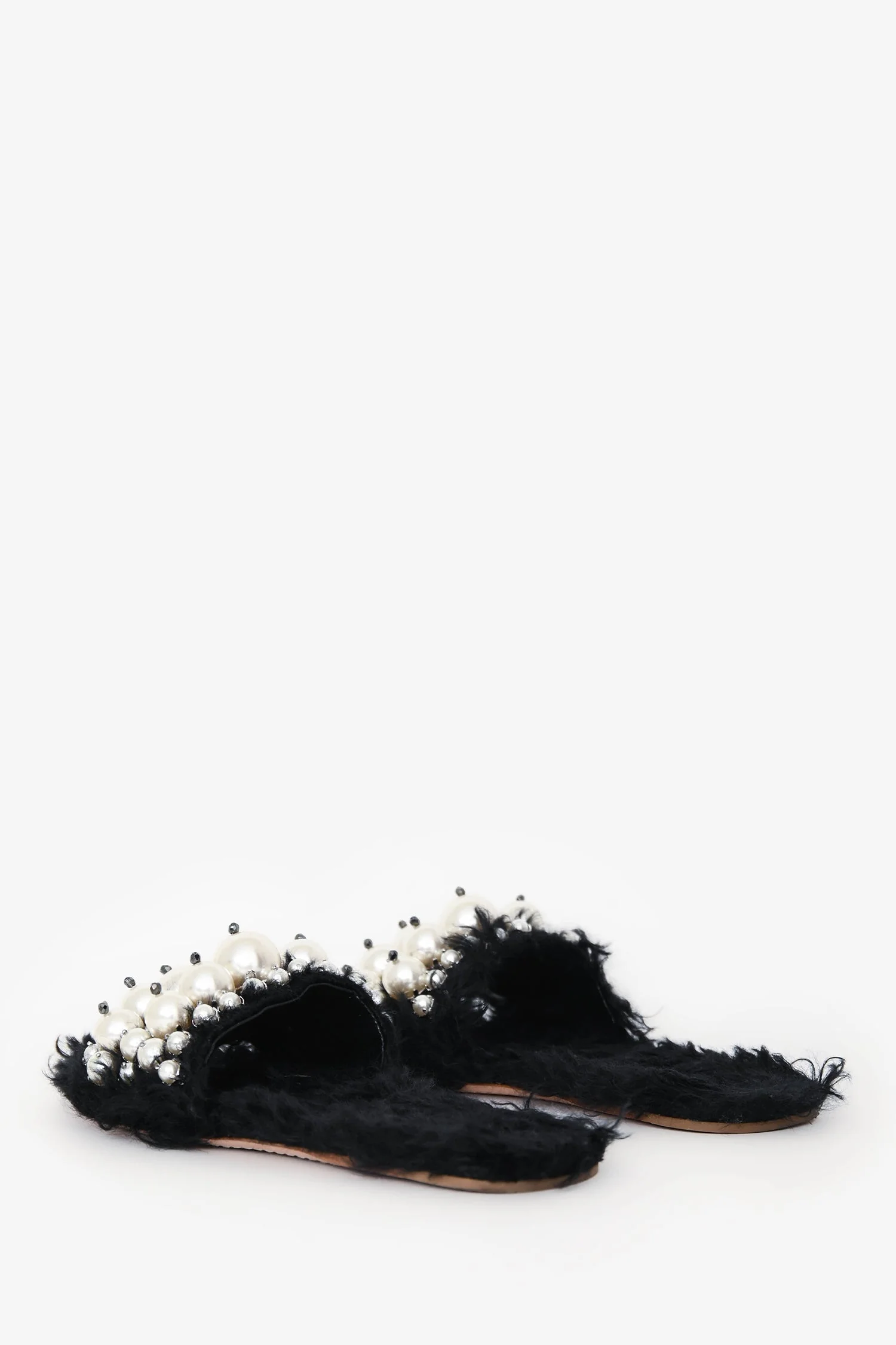 Miu Miu Black Faux Fur/Faux Pearl Embellished Slides Size 36.5 - Image 4