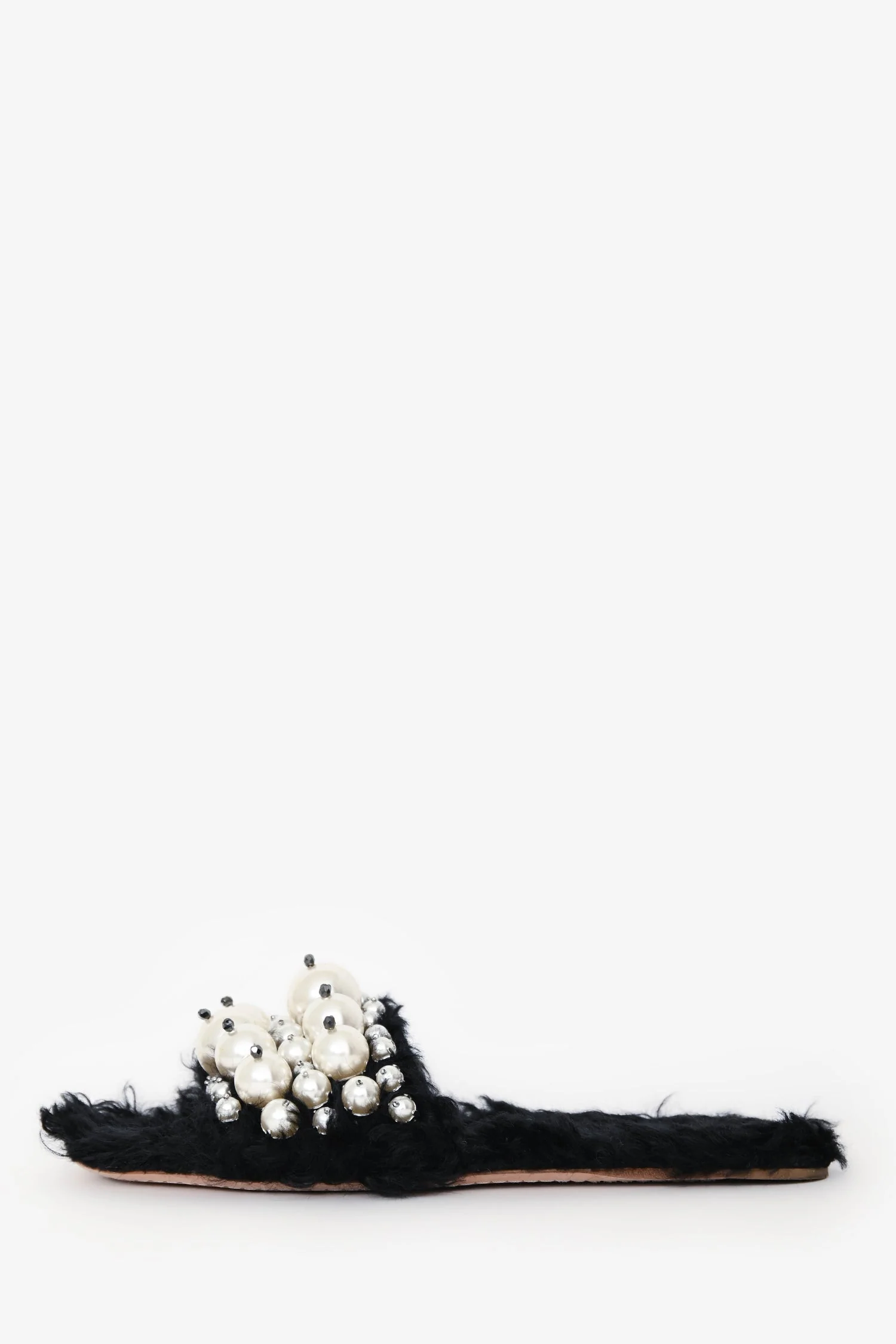 Miu Miu Black Faux Fur/Faux Pearl Embellished Slides Size 36.5 - Image 5