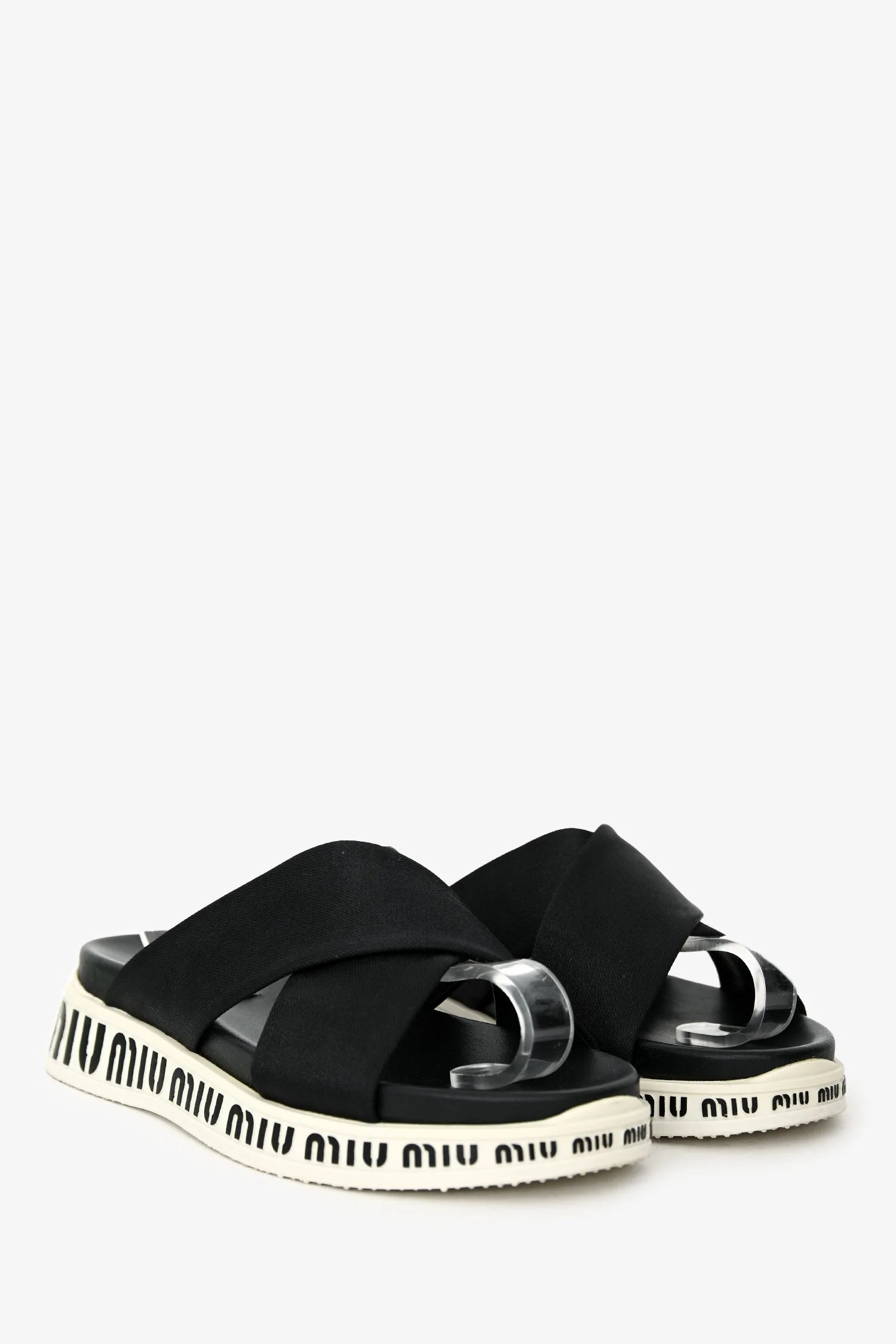 Miu Miu Black Leather Nylon Tech Rubber Logo Sandals Size 37.5 - Image 2
